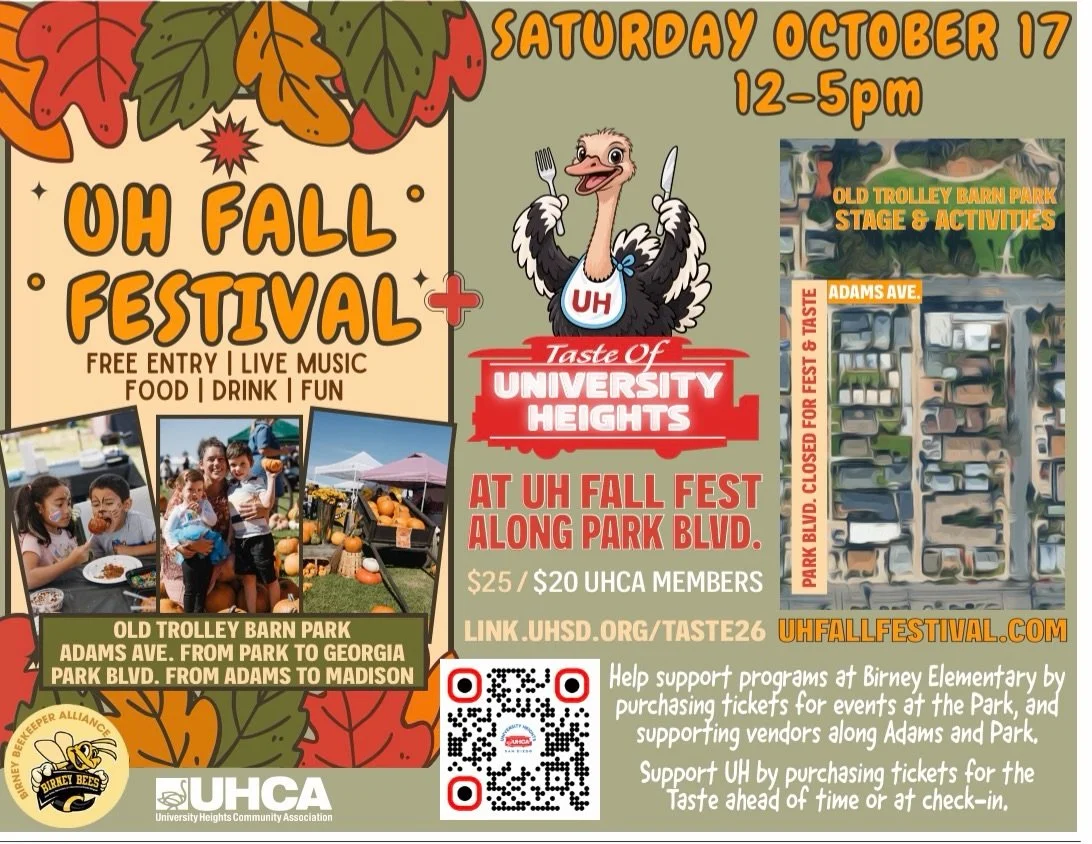 IT&rsquo;S FALL FEST TIME, UNIVERSITY HEIGHTS! 

Mark your calendars for Saturday, October 17 from 12&ndash;5 PM because Park Blvd. is getting a serious dose of fall fun! 

Join us for the UH Fall Festival + Taste of University Heights with:
Live mus