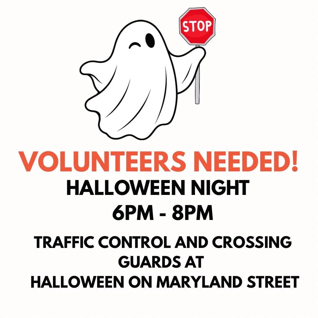 VOLUNTEERS NEEDED: Halloween at Maryland Street! 

Want a front-row seat to the best people-watching of the year with just the right amount of interaction with monsters? 

We need volunteers on October 31 from 6&ndash;8 PM to help with traffic contro