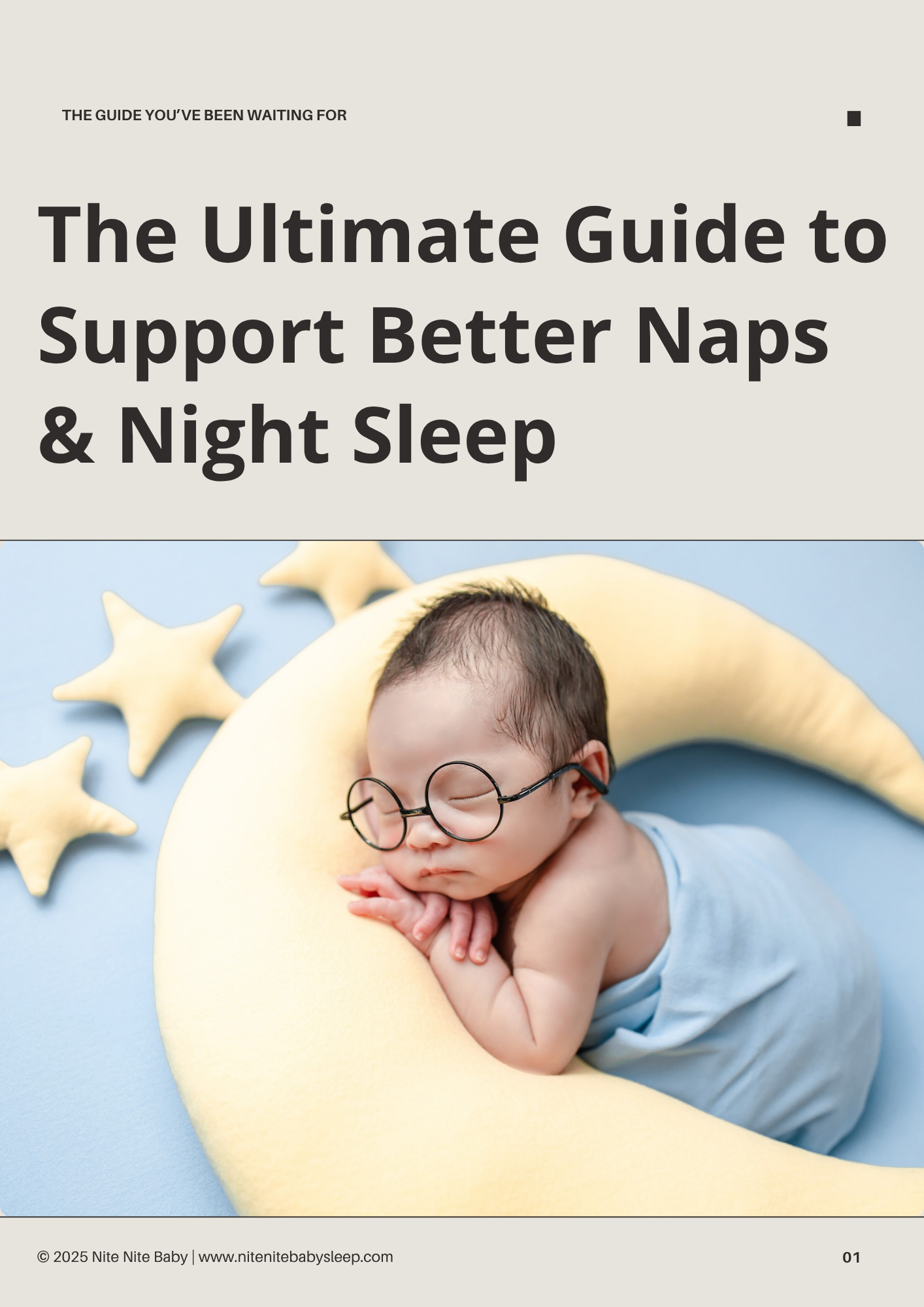 Cover page of a guide featuring a sleeping baby with glasses, resting on a yellow crescent-shaped pillow, surrounded by star-shaped pillows on a blue background.