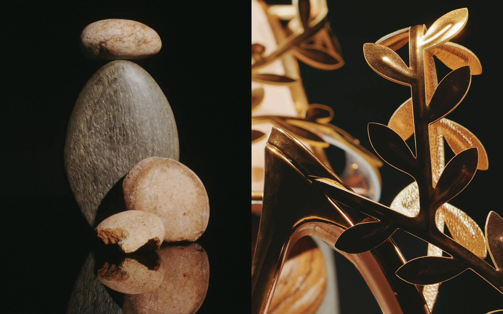 Left side shows a small stack of three smooth stones on a reflective surface, with a dark background. Right side features a close-up of a metallic gold high-heeled shoe with decorative gold leaves.