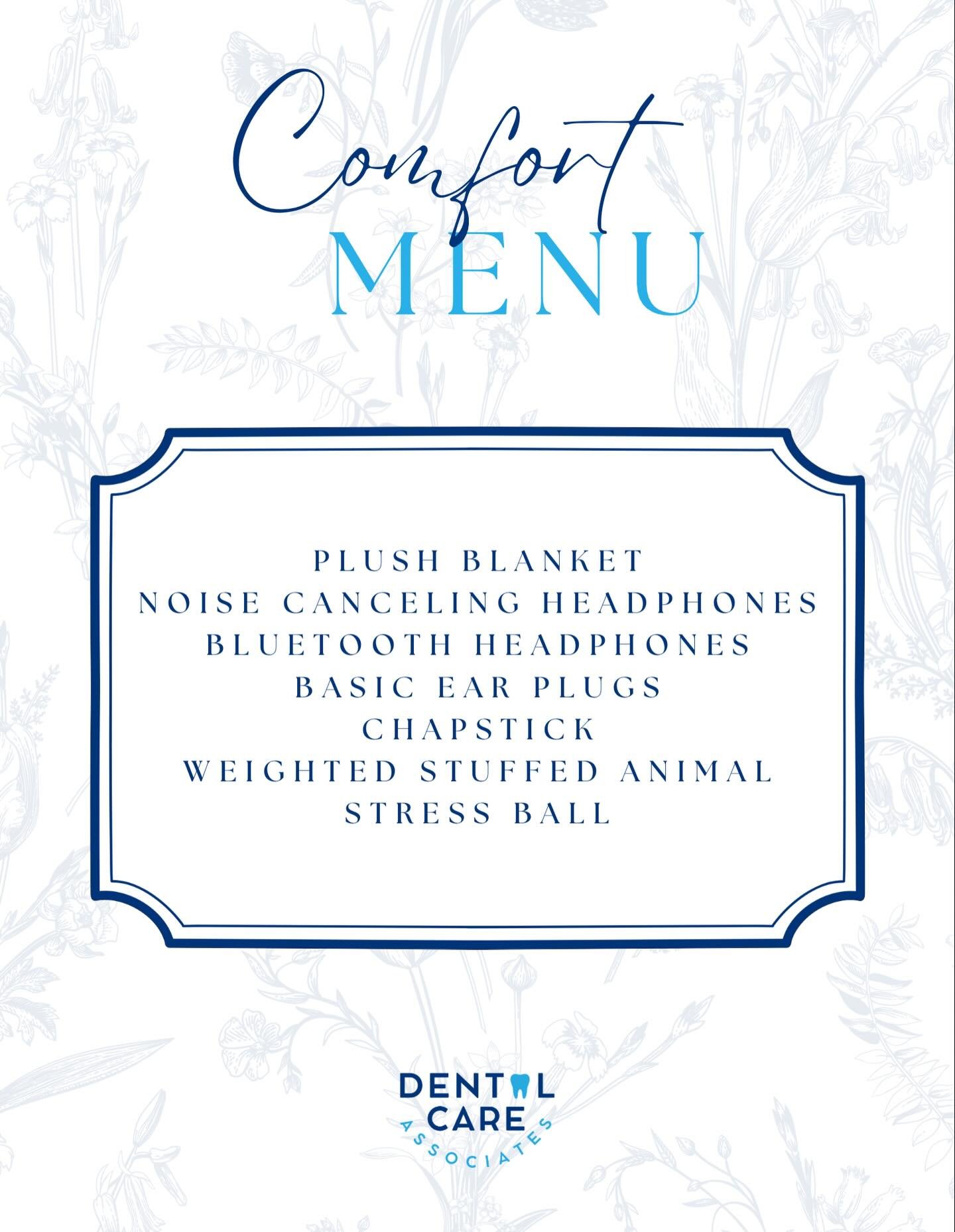 We know that visiting the dentist can sometimes feel scary, stressful, or even overwhelming. 🤍

That&rsquo;s why we&rsquo;re excited to introduce our Comfort Menu &mdash; designed to help make every visit easier and more relaxing. From cozy blankets