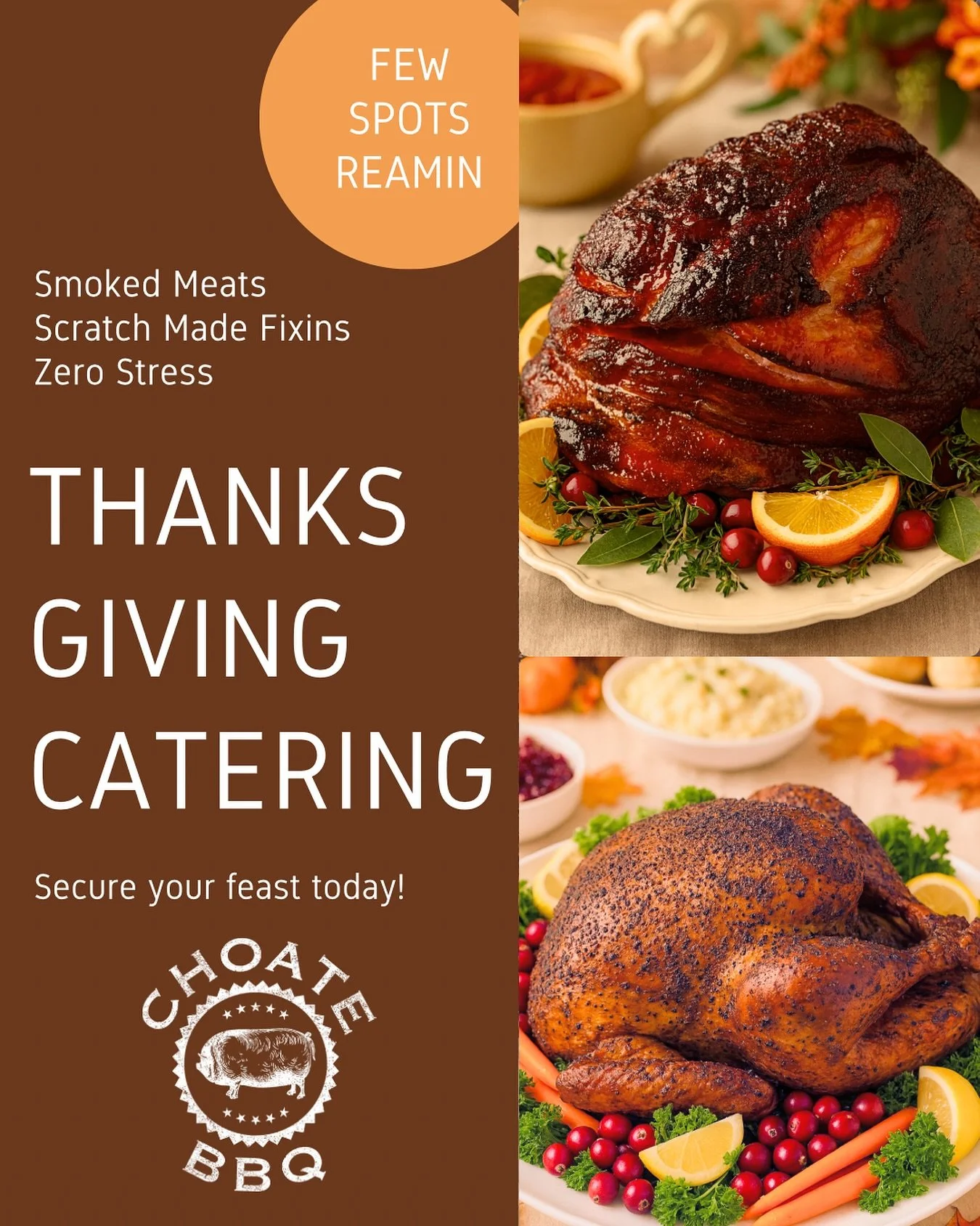 Succulent Smoked Turkey
Brown Sugar &amp; Red Pepper Jelly Glazed Ham
Texas-Style Smoked Brisket Perfection
All the Comfort Food Dishes
Let us handle your family feast.
Order link is in the bio.