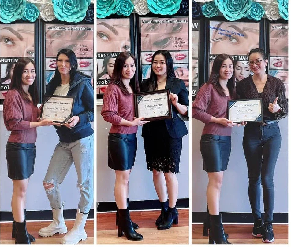 Beauty students receiving certificates after completing professional lash and permanent makeup training at HuongDao Brow & Lash.
