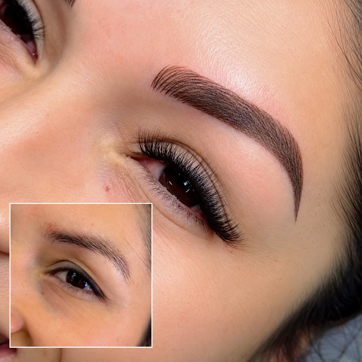 Before and after permanent brow treatment showing fuller, defined eyebrows by HuongDao Brow & Lash in Avon, Indiana.