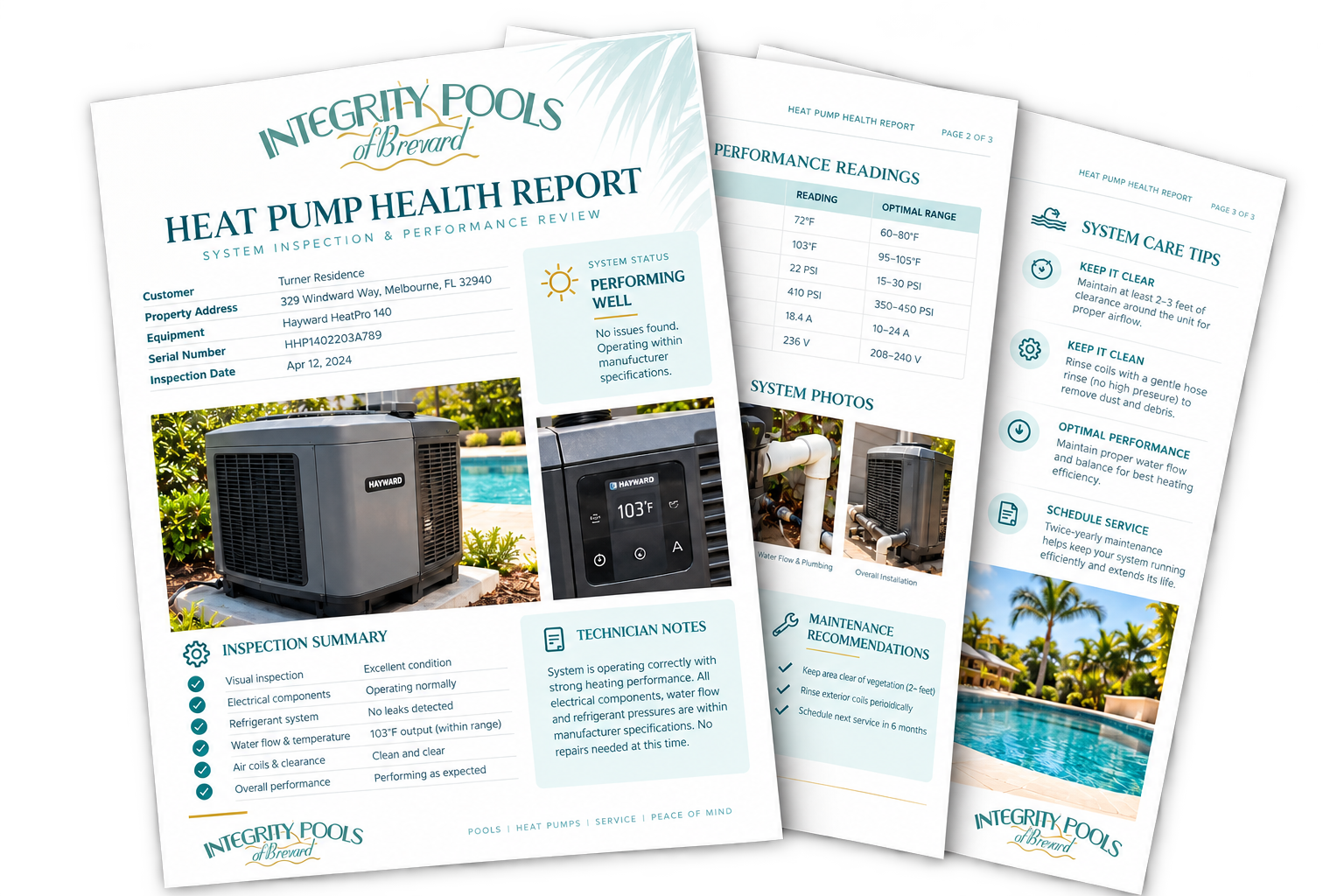 Three-page Integrity Pools of Brevard heat pump health report showing inspection details, performance readings, system photos, care tips, and a pool heat pump.