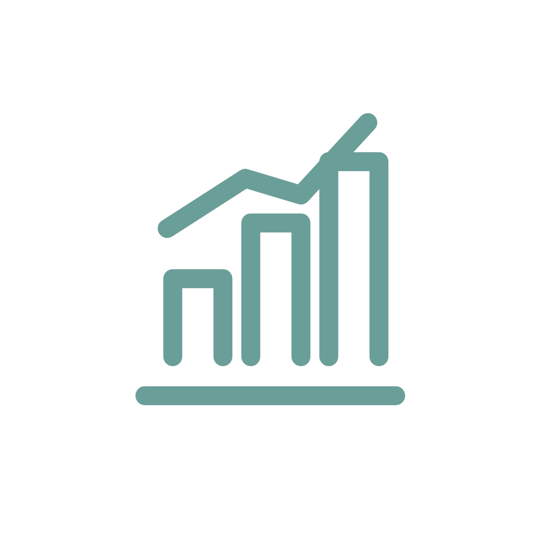 Teal icon of an upward-trending bar chart with three bars and an arrow