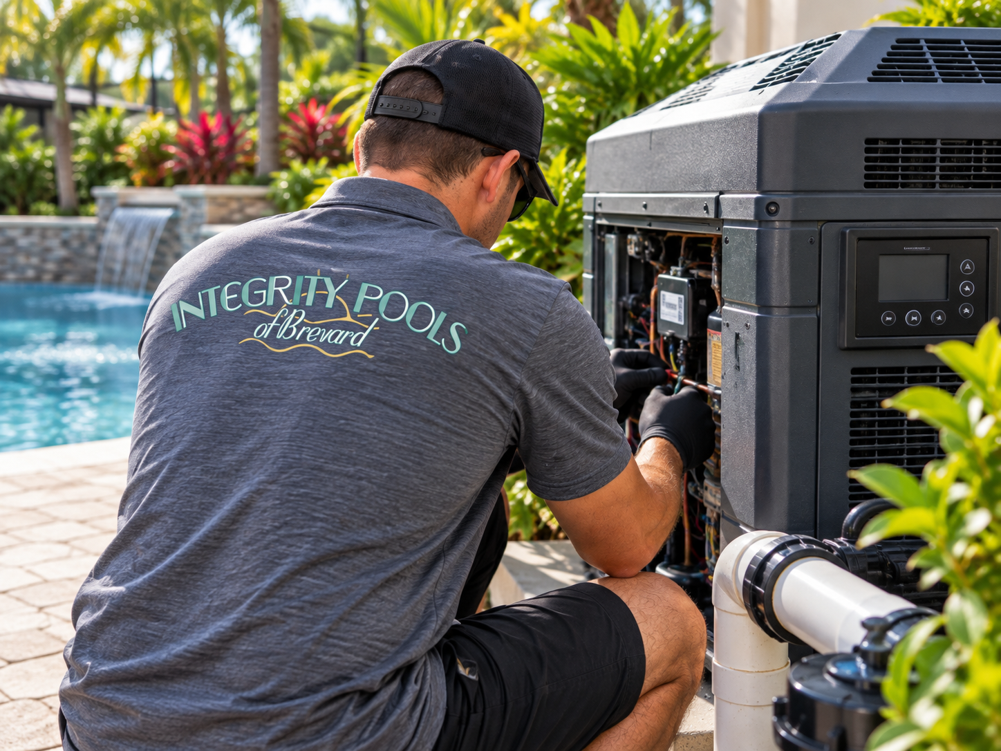 Pool technician servicing a pool equipment system beside a residential swimming pool