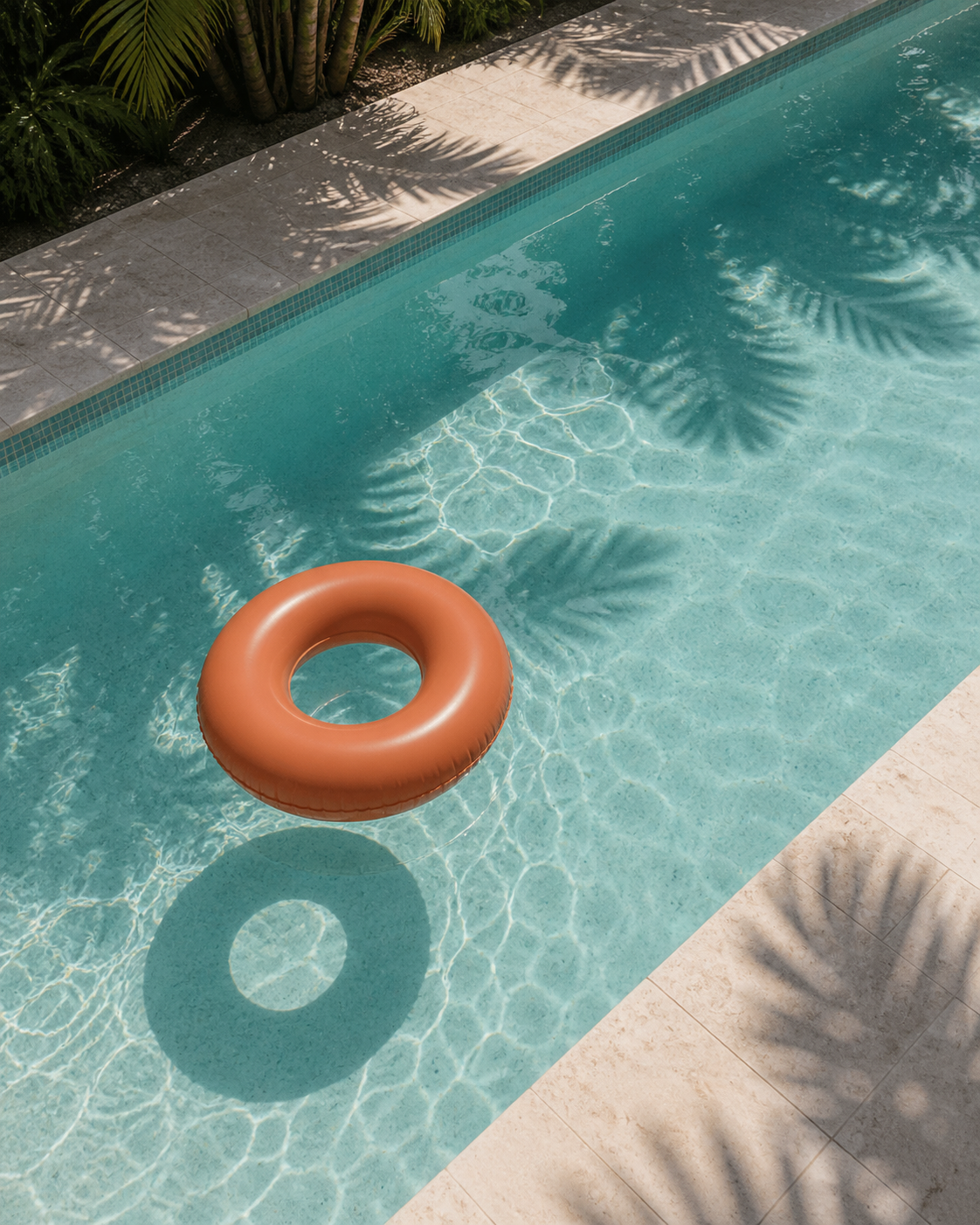 orange pool float floating in modern pool with palm tree shadows