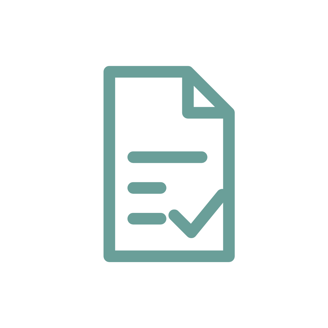 Teal document icon with checklist lines and a checkmark on a black background