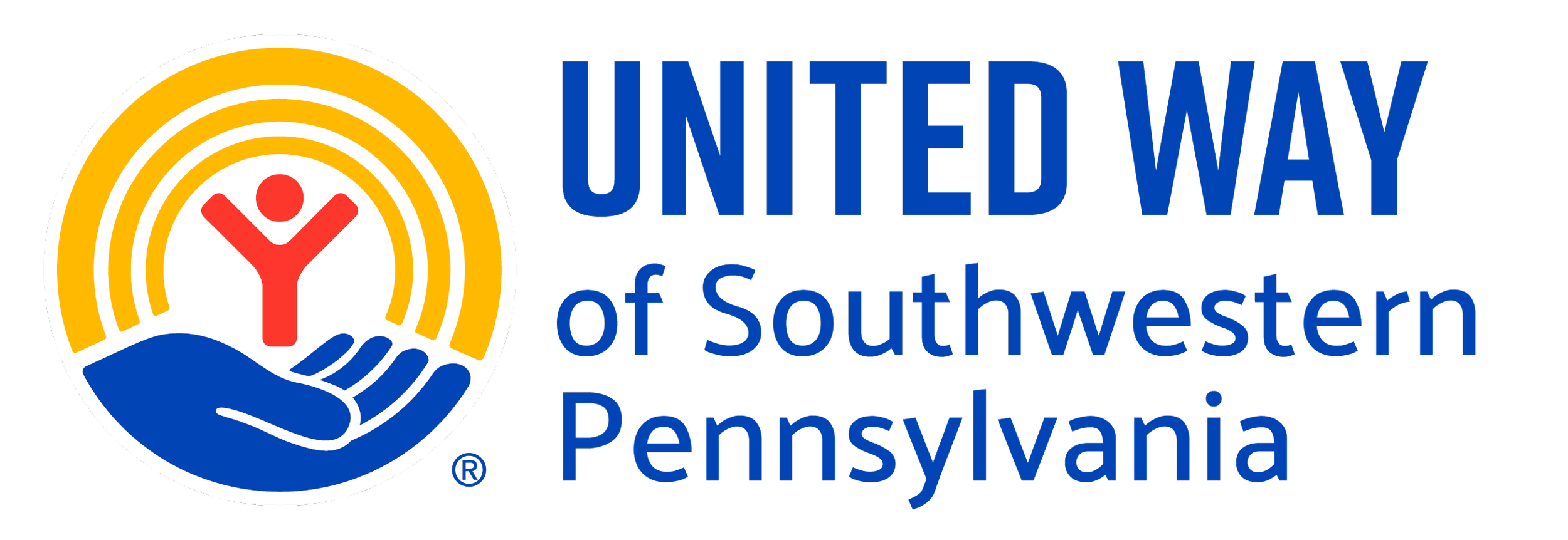 Logo featuring a stylized hand holding a red human figure with concentric yellow circles symbolizing rays, next to the text 'United Way of Southwestern Pennsylvania' in blue.