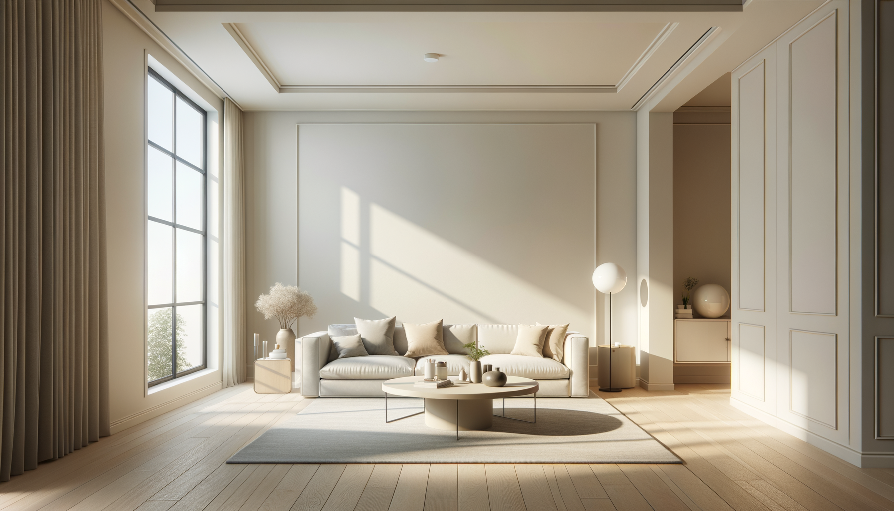 Modern living room with large windows letting in natural light, a cream sofa with beige and gray cushions, a round coffee table with decorative items, and a minimalist aesthetic with neutral tones and simple decor.