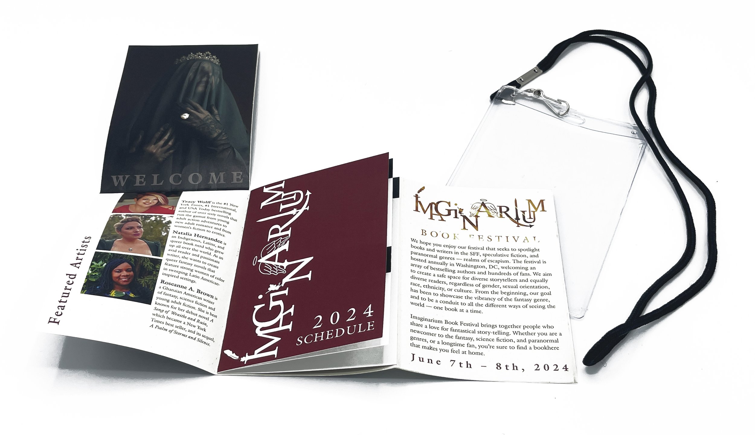 Bookmarks, brochures, and flyers for a book festival, with images of authors and event details, displayed on a white surface and a clear plastic lanyard.