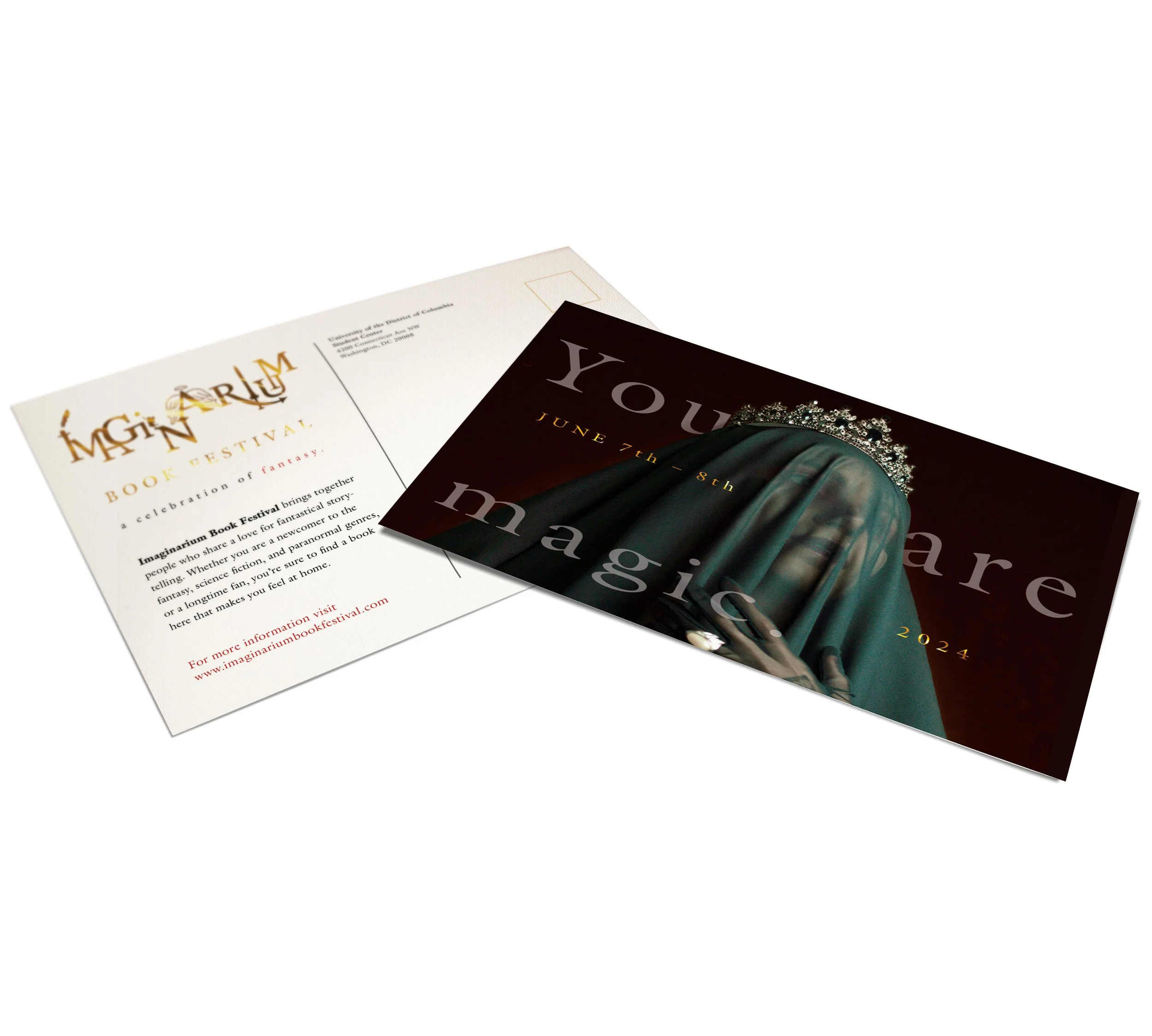 Partial view of promotional materials for a book festival, featuring a dark-colored cover with a crown and a person in a green dress and tiara.