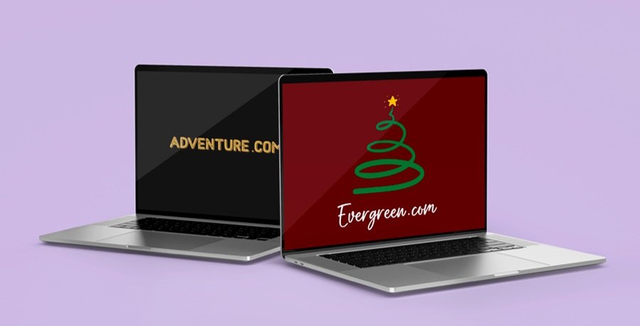Two laptops on a purple background, one displaying "ADVENTURE.COM" and the other with a Christmas tree graphic and "Evergreen.com" text.
