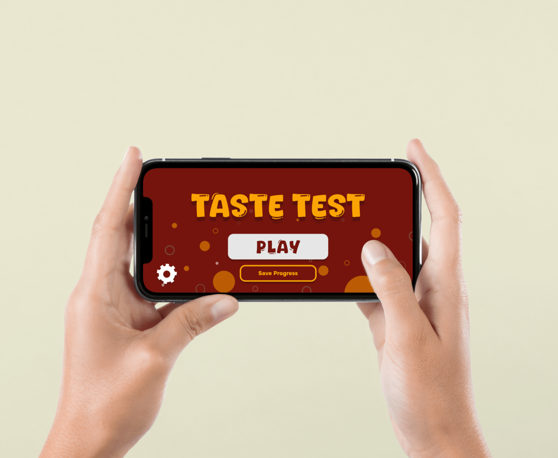 A person holding a smartphone displaying a game called 'Taste Test' with a 'Play' button.
