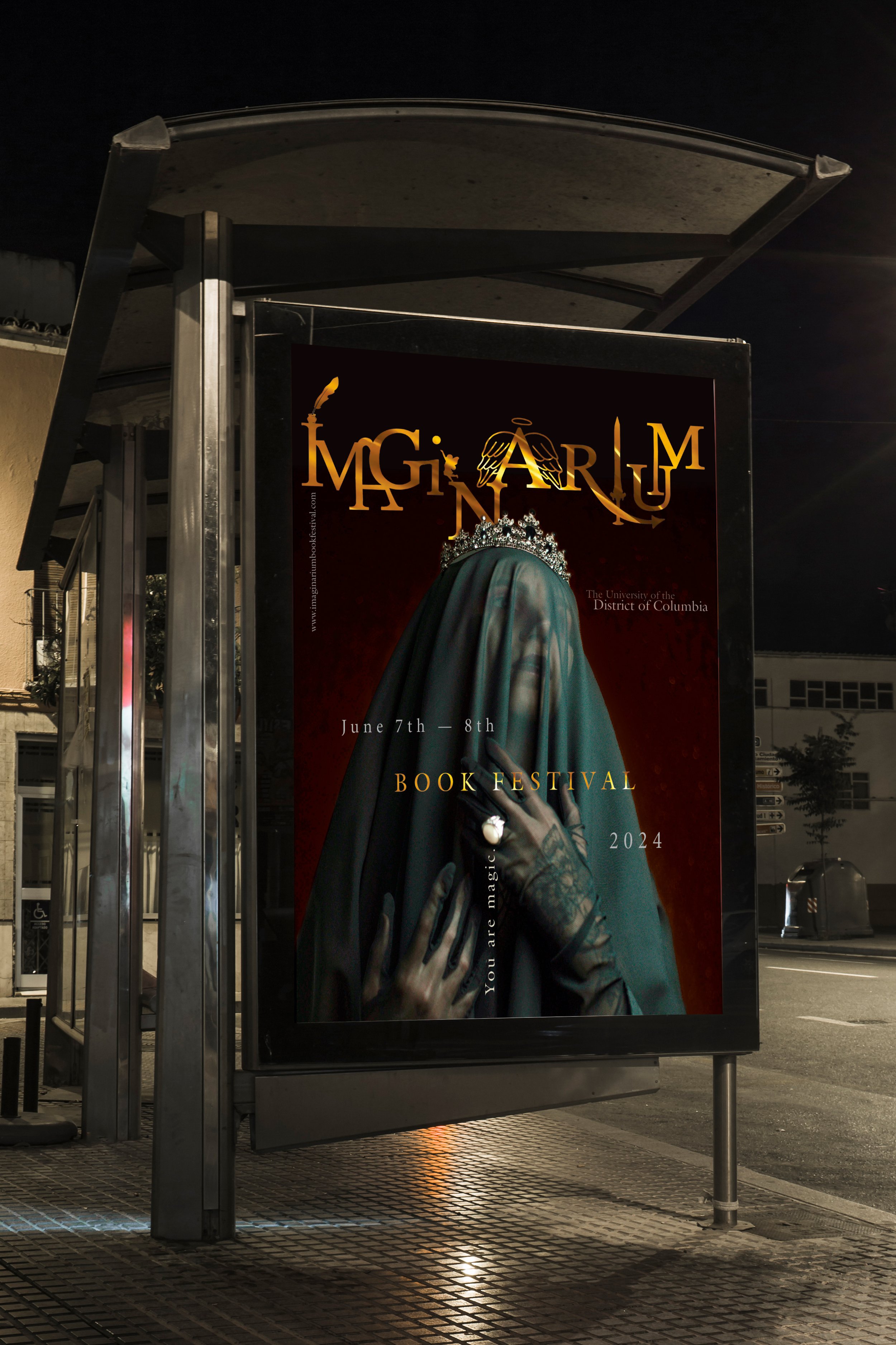 Bus stop advertisement poster for a book festival, featuring an image of a woman wearing a crown and veil, with text about the Imaginarium Book Festival taking place June 7th-8th, 2024, hosted by The University of the District of Columbia.