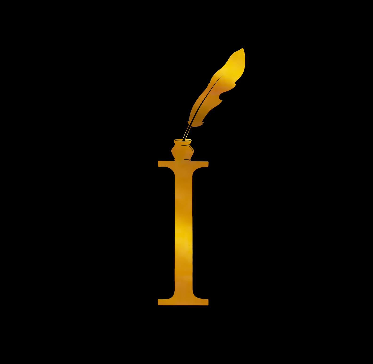 Gold text on black background spelling 'IMAGINARIUM' with a feather quill, angel wings, and a halo integrated into the design.