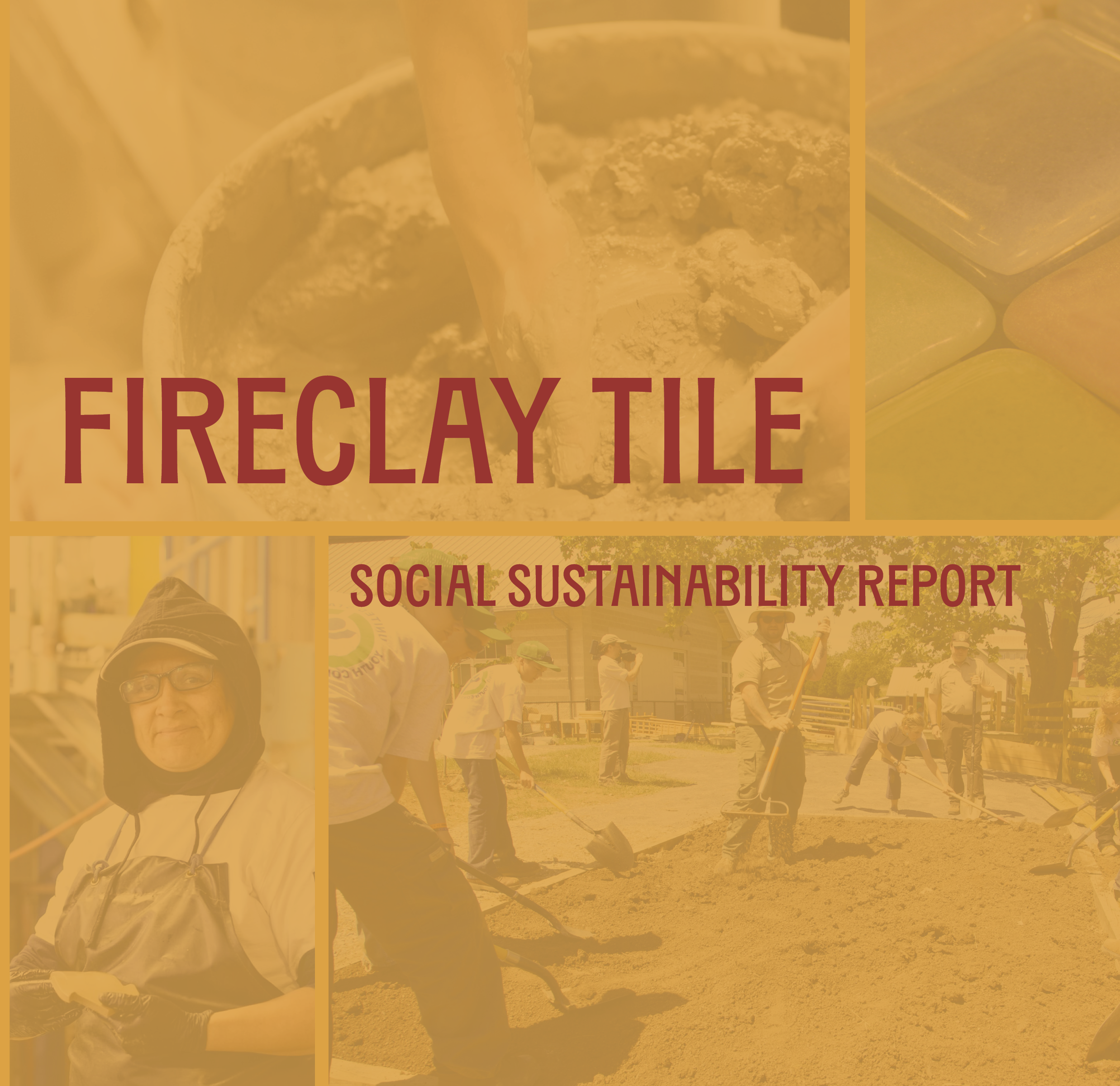 Open book with a page showing a globe and text about Earth, next to a closed booklet titled "Fireclay Tile Social Sustainability Report" with a cover image of people at a community event.