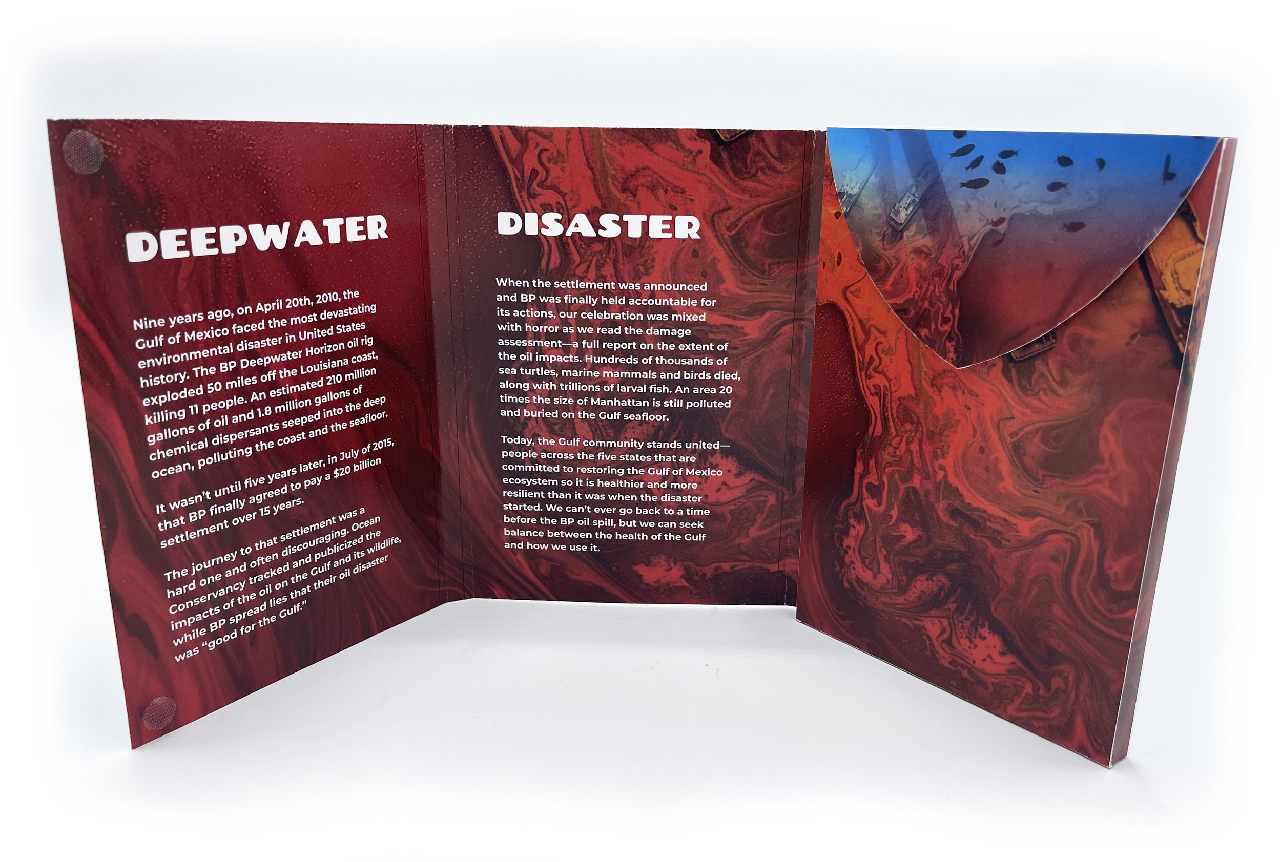 Brochure with red and blue marbled design discussing the Deepwater Disaster of April 20th, 2010 Gulf of Mexico oil spill.