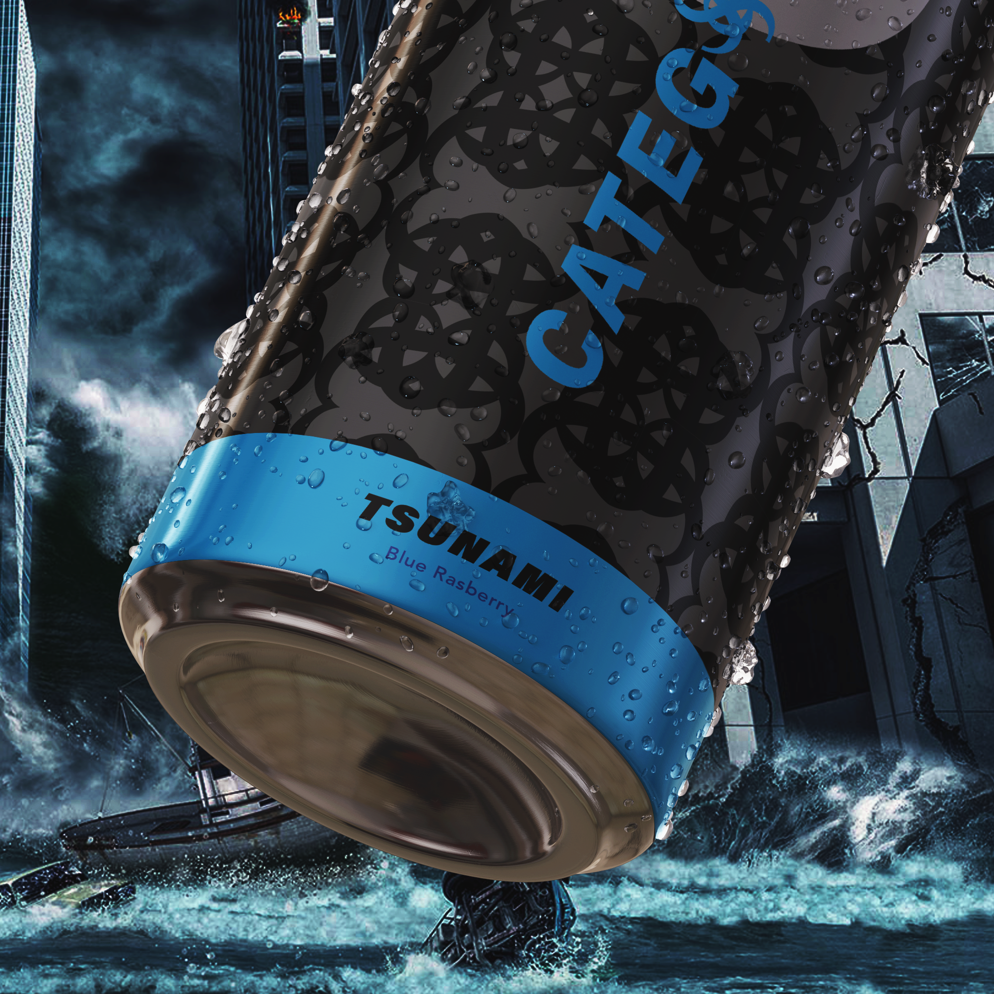 Close-up of an aluminum can of Tsunami Blue Raspberry flavored energy drink with water droplets on the surface and a light blue background.