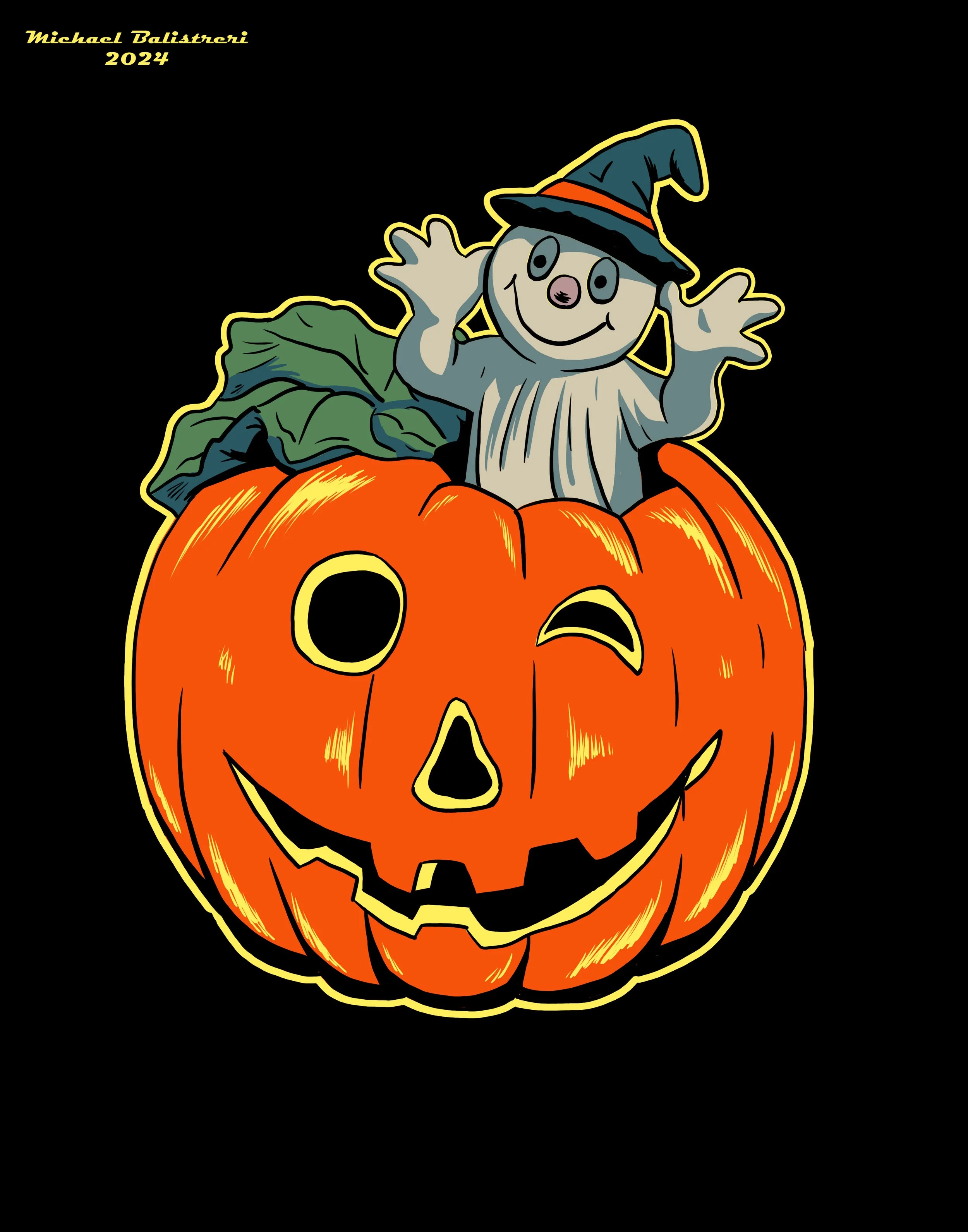 Jack-O-Lantern with Cute Ghost Popping Out