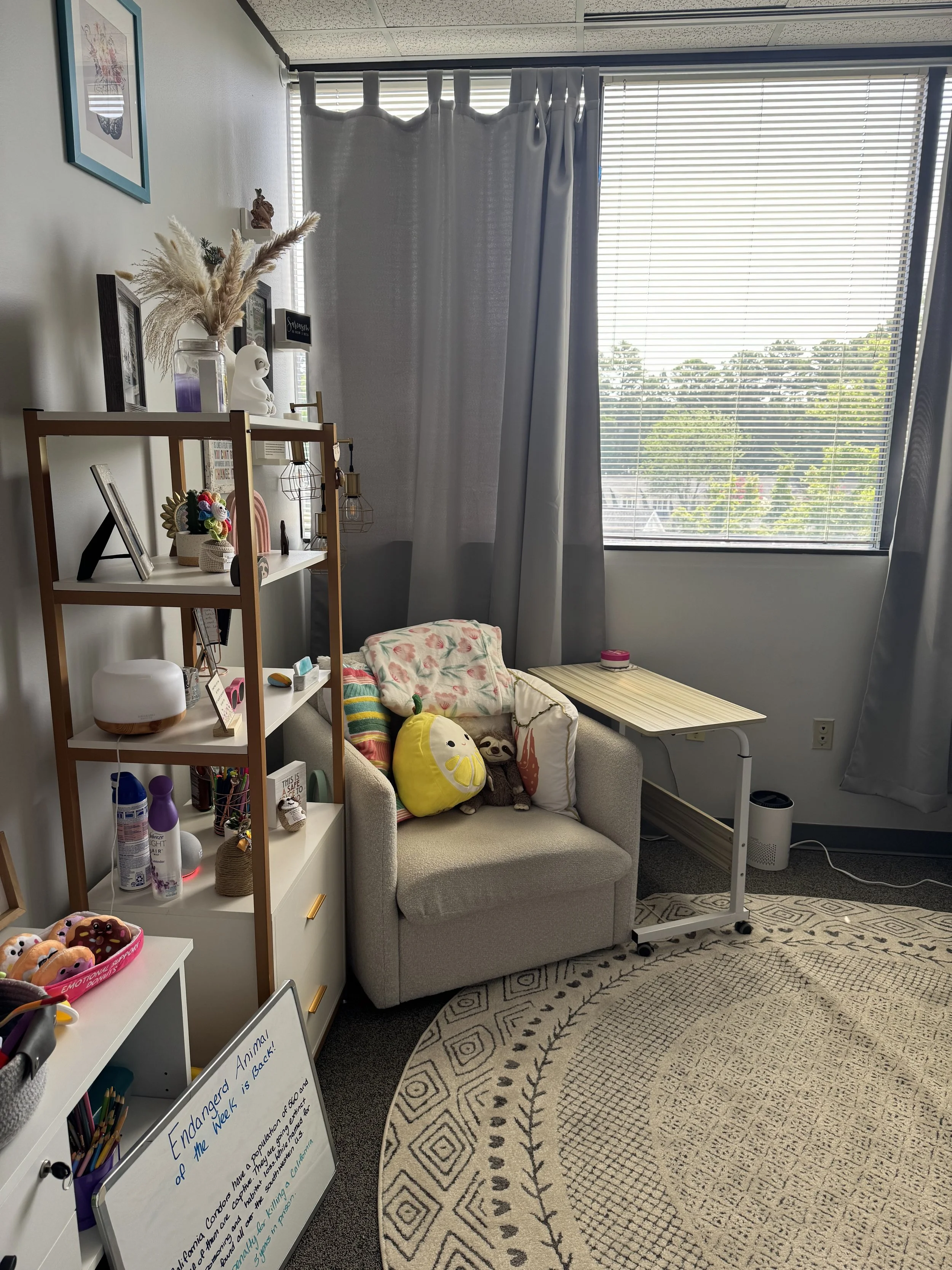 Cozy remote work or study nook with a beige armchair featuring plush toys, a small white side table, a tall wooden shelving unit with decorative items, and a large window with blinds and curtains allowing natural light.
