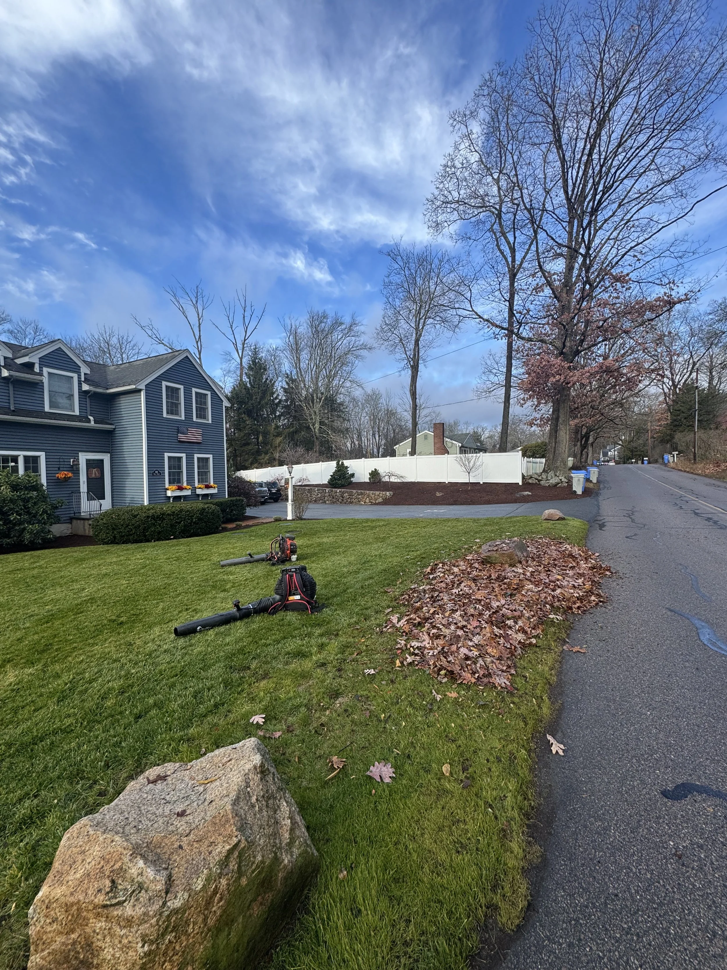 Front steps of a house with siding, a garden hose on the ground, fallen leaves, and a small porch. Asphalt driveway leads to the street.