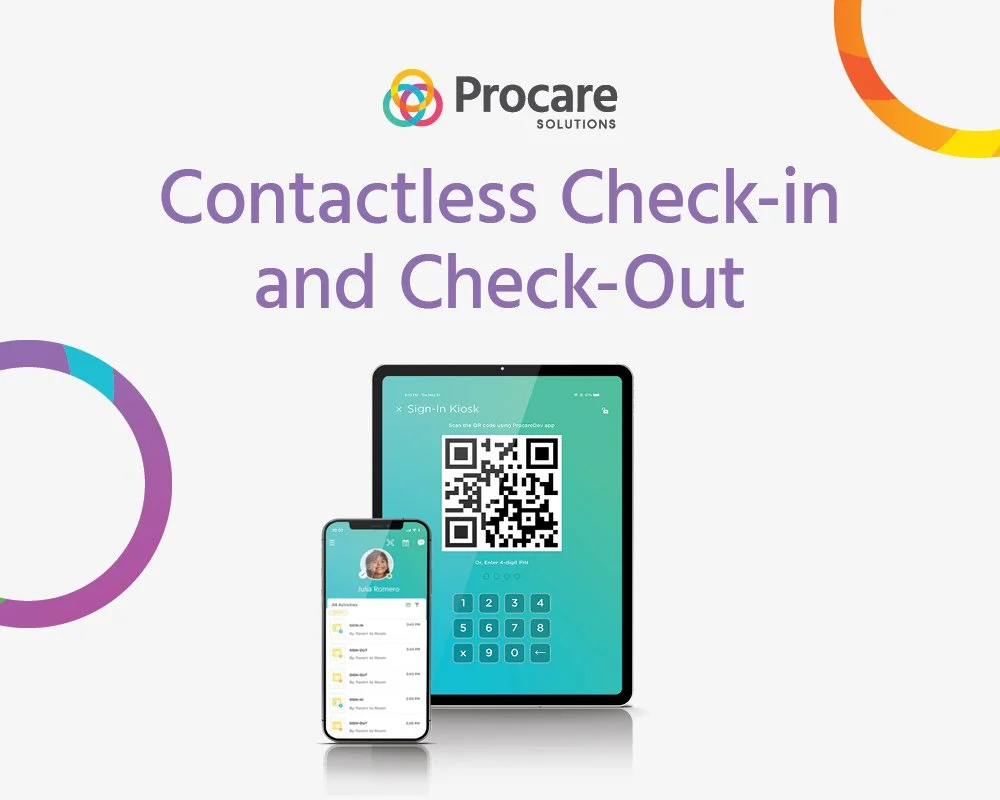 Procare Solutions promotional poster showcasing contactless check-in and check-out with a tablet and smartphone displaying QR code scanning and digital check-in features.