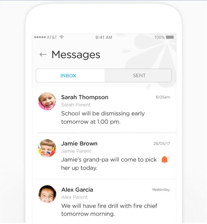 Mobile device screen displaying a messaging app with conversations from Sarah Thompson, Jamie Brown, and Alex Garcia about school dismissal, grandpa pickup, and a fire drill.