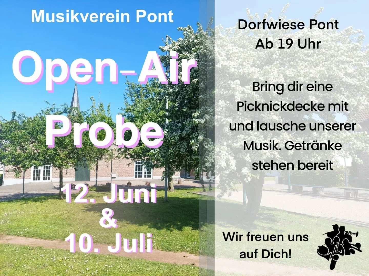 Schnappt euch Campingst&uuml;hle oder Picknickdecke und schaut und h&ouml;rt bei unserer Probe zu

Ob f&uuml;r ein/zwei St&uuml;cke oder f&uuml;r die ganze Probe, wir freuen uns euch zu sehen😄