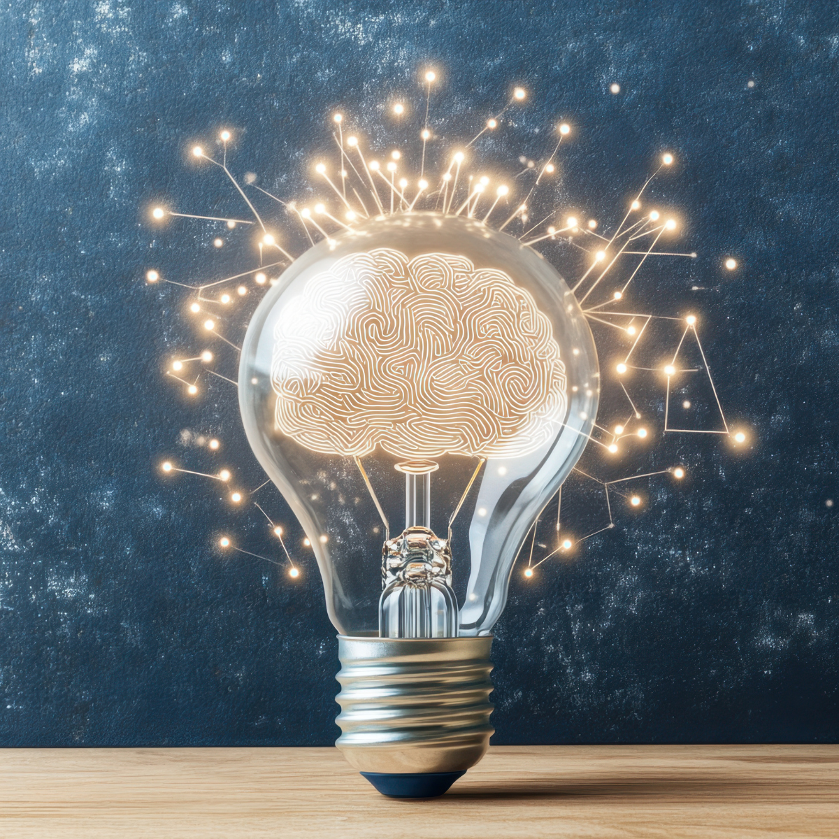 A light bulb with a brain illustration inside, surrounded by interconnected glowing dots and lines, representing a network or idea, on a wooden surface with a dark textured background.