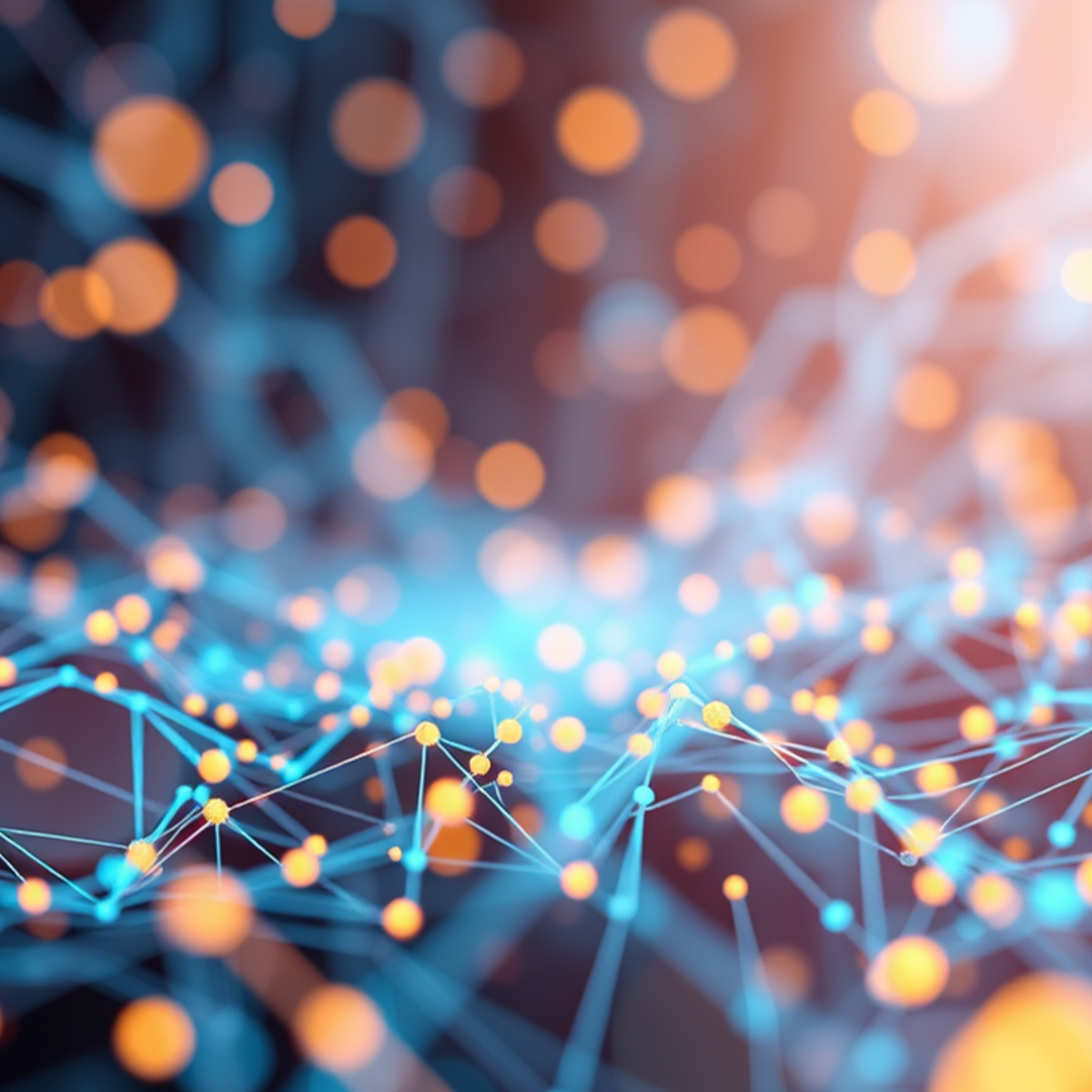 Abstract digital image of interconnected glowing blue lines and yellow dots resembling a network or molecular structure with a bokeh background.
