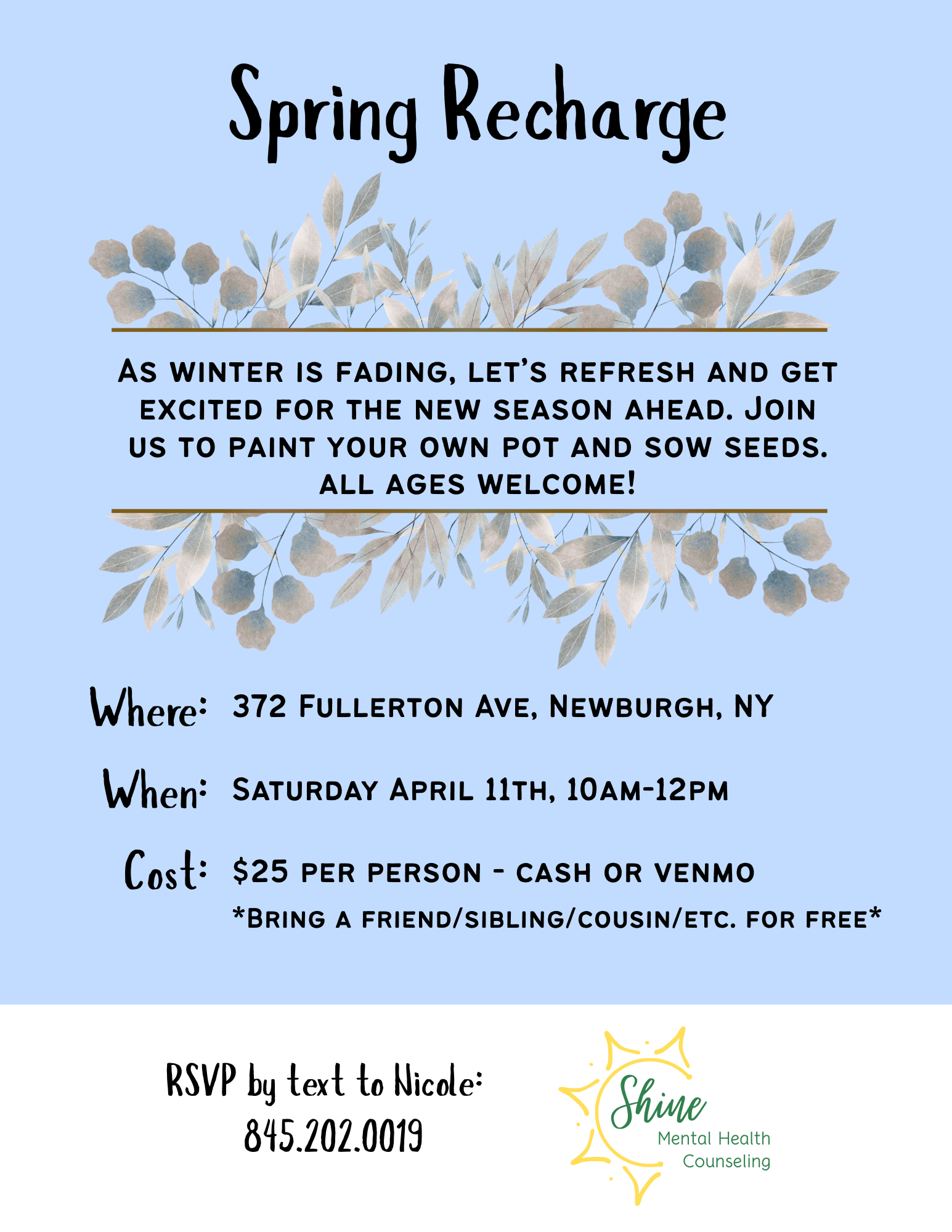 Spring Recharge event flyer with a blue background and watercolor leaves. Details about pot and seed-sowing workshop on April 11th at 372 Fullerton Ave, Newburgh, NY, from 10 am to 12 pm, costing $25 per person. RSVP contact: 845-202-0019.