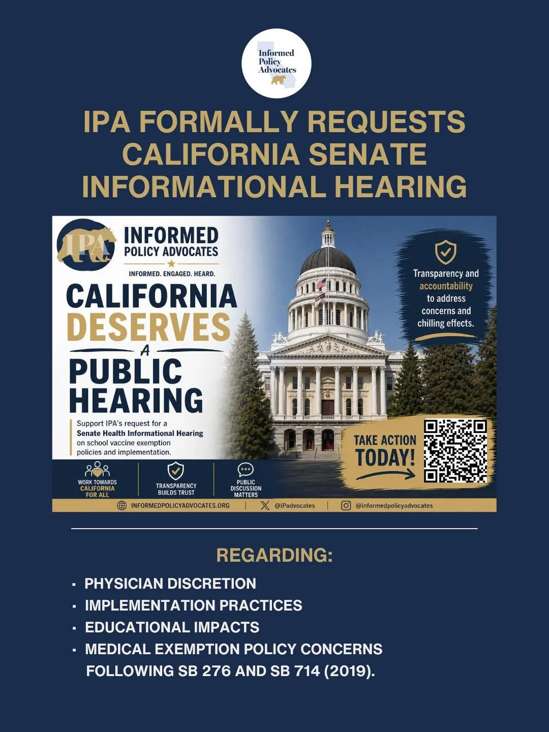 California families deserve to be heard.

During the SB 1377 hearing, Senate Health Committee Chair Dr. Akilah Weber Pierson stated multiple times that concerns regarding California's medical exemption policies should be addressed through an informat