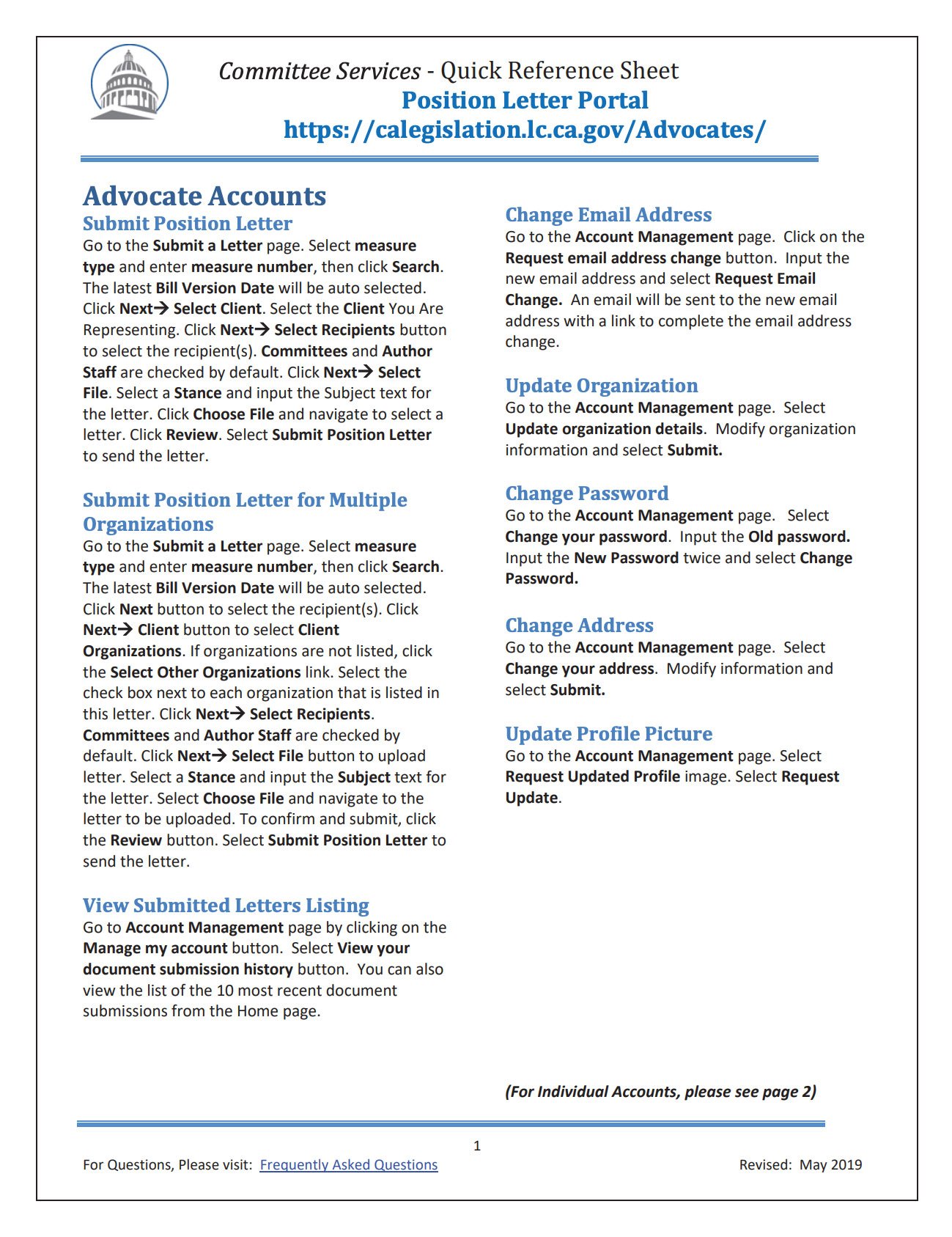 Guide page for submitting and managing advocate contact letters on a government website, with instructions on account management and password changes.
