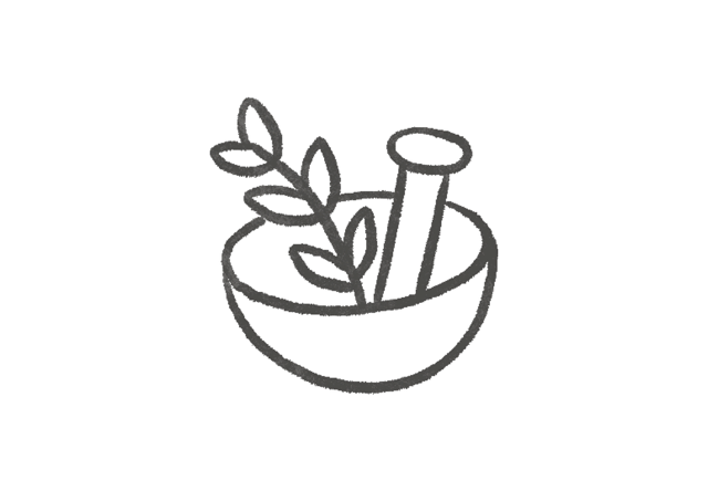 Outline drawing of a mortar and pestle with a plant stem and leaves inside