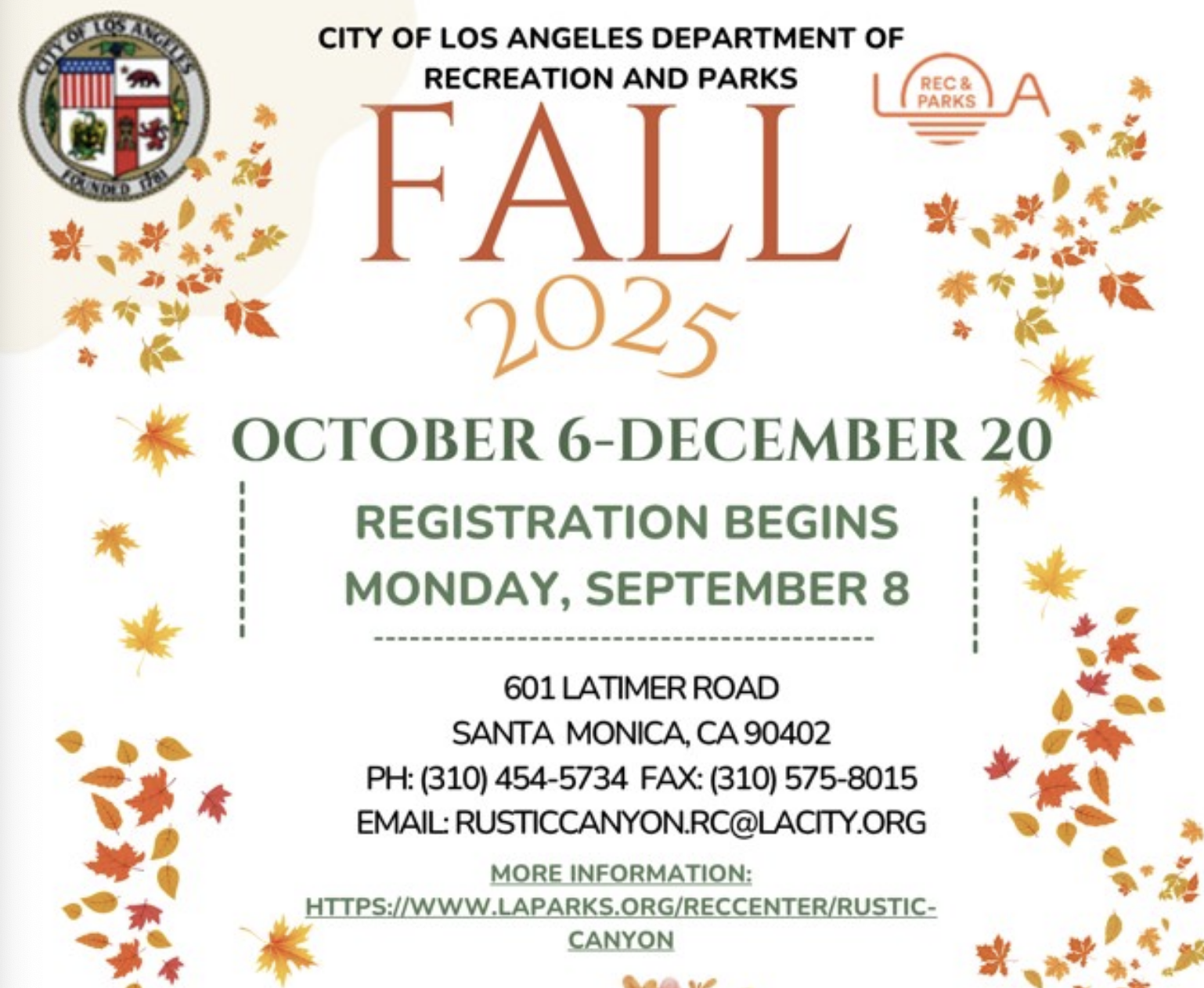 Registration for Rustic Canyon Park Classes Begins Sep. 8