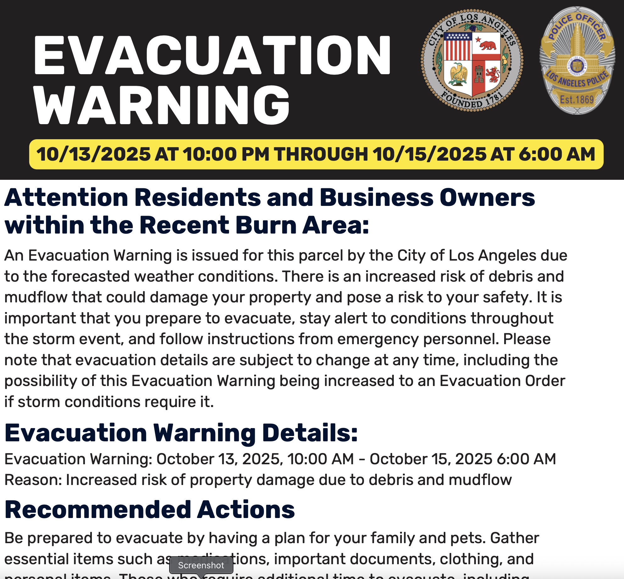 Evacuation Warning Begins at 10 P.M. Tonight—Heavy Rain and Mudflow Possible