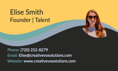 Business card for Elise Smith, Founder of Talent, with her photo, phone number, email, and website on a colorful background.