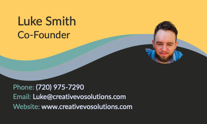 Business card for Luke Smith, Co-Founder. Contains phone number, email, website, and a headshot.