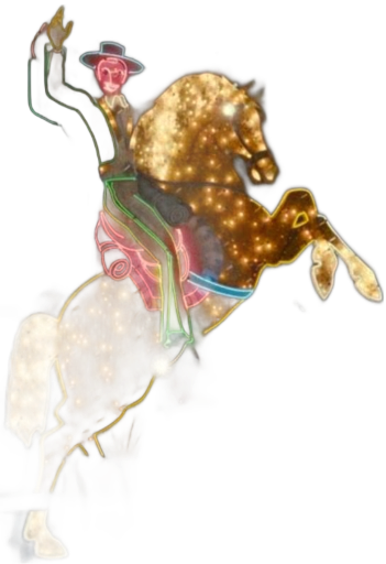 Neon sign of a cowboy on a rearing horse