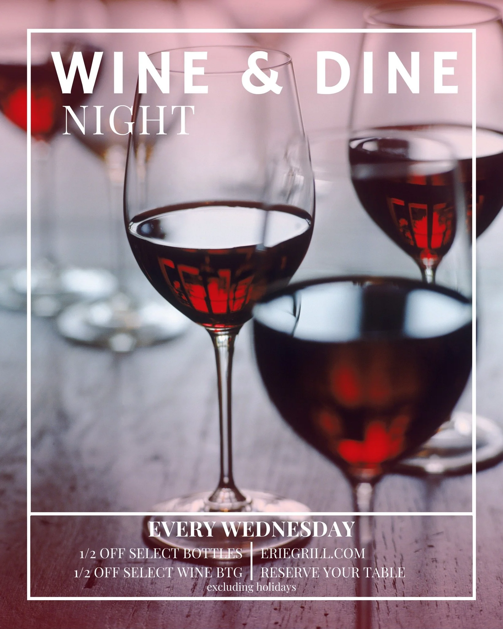 Happy Wine Wednesday! 🍷 
&middot;
Come celebrate with 1/2 off Select Bottles and Glasses of your favorite wine. 
&middot;
&middot;
#eriegrill #eriecanal #rochesterny #rochester #roceats #tasteny #deliciousfood #foodinroc #pittsford #canalrestaurants