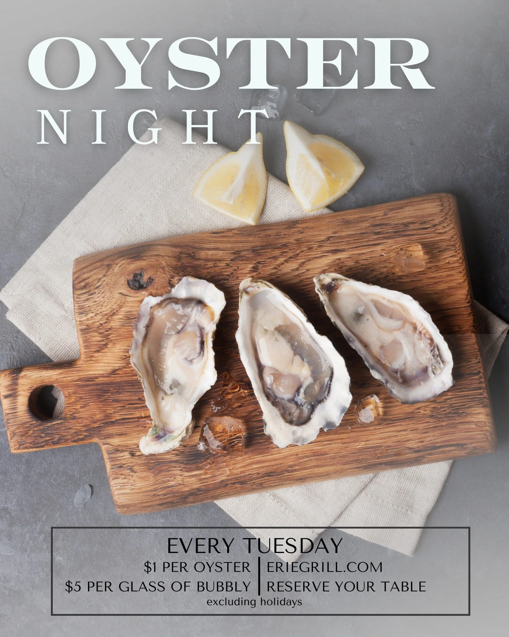 It's Oyster Night at Erie Grill! 🦪 
&middot;
Come enjoy $1 oysters and a $5 glass of bubbly! 
&middot;
&middot;
#eriegrill #eriecanal #rochesterny #rochester #roceats #tasteny #deliciousfood #foodinroc #pittsford #canalrestaurants #yummy