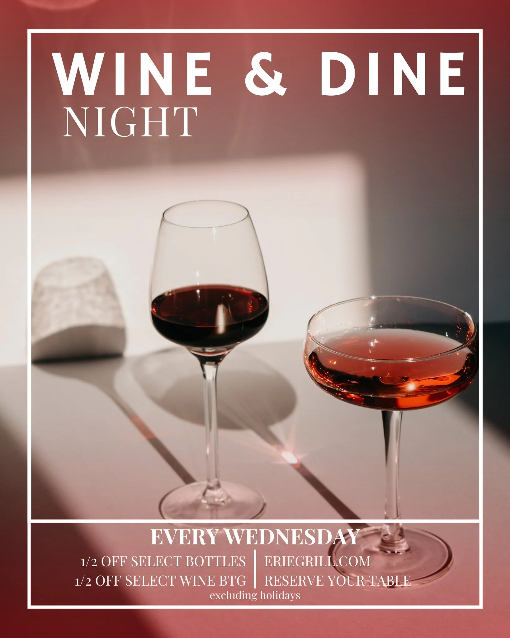 Enjoy &frac12; off select bottles and glasses while you unwind with dinner at Erie Grill. ✨
&middot;
&middot;
🍽️ Reserve your table and make it a midweek tradition.
&middot;
#eriegrill #eriecanal #rochesterny #rochester #roceats #tasteny #deliciousf