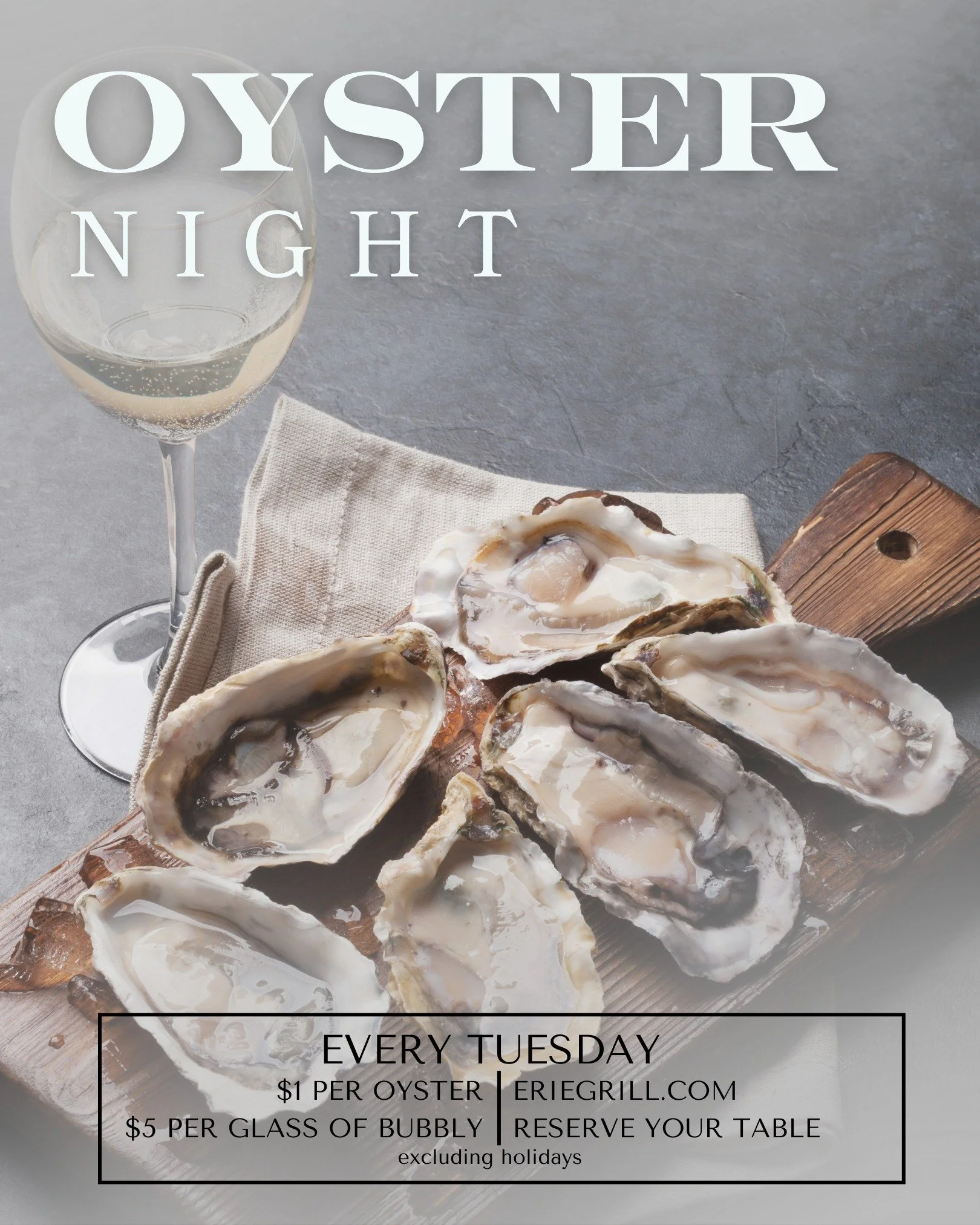 Fresh-shucked oysters for $1 and bubbly for $5&mdash;only at Erie Grill. 🦪🍾
&middot;
&middot;
Grab your friends and join us for Oyster Night!
&middot;
#eriegrill #eriecanal #rochesterny #rochester #roceats #tasteny #deliciousfood #foodinroc #pittsf
