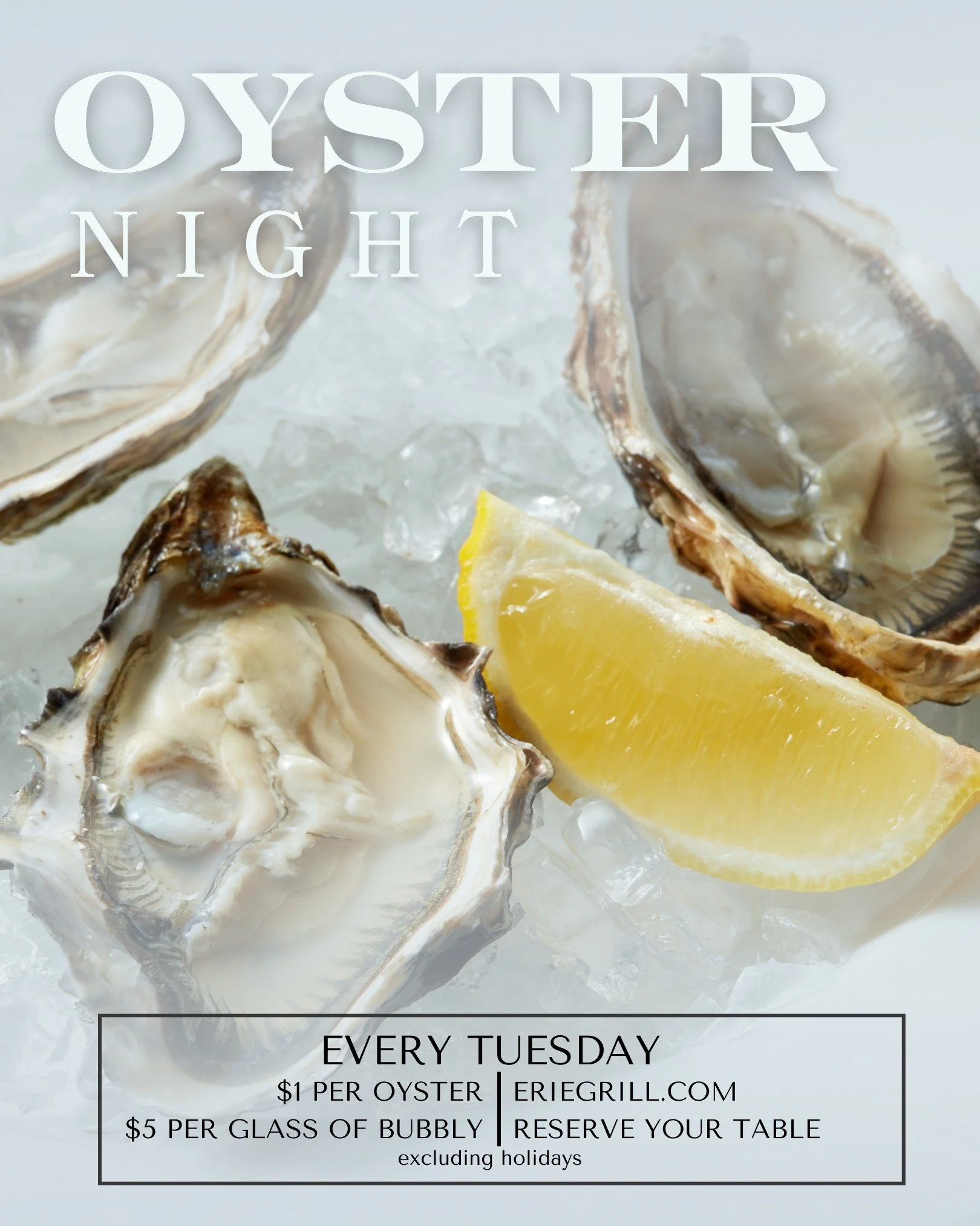 Slurp, sip, repeat. 🍸🦪 Oyster Night is the perfect midweek treat.
&middot;
&middot;
Don&rsquo;t miss out! $1 oysters &amp; $5 bubbly!
&middot;
#eriegrill #eriecanal #rochesterny #rochester #roceats #tasteny #deliciousfood #foodinroc #pittsford #can