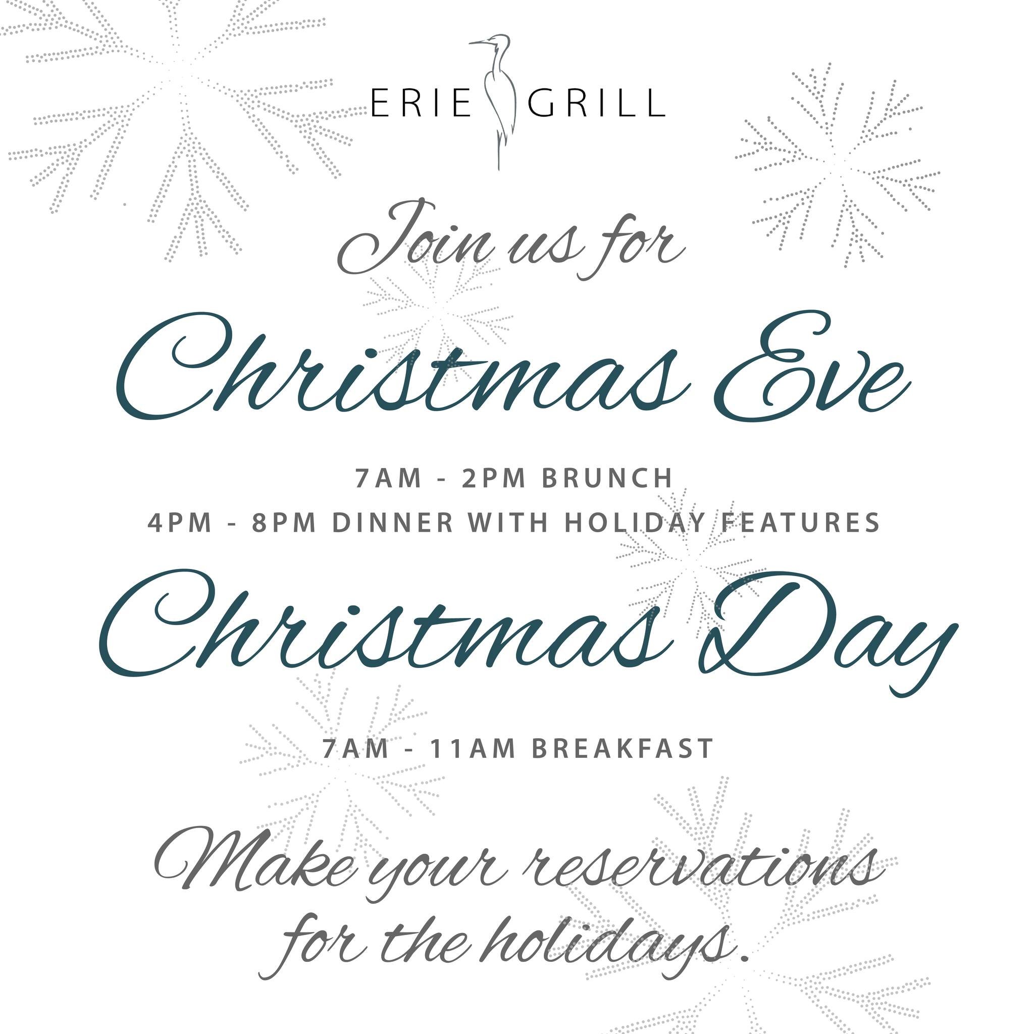 Join us for Christmas Eve &amp; Christmas Day and enjoy a festive dining experience🎄🍽️
&middot;
&middot;
👉 Reserve your table today and make Erie Grill part of your holiday celebration!
&middot;
#eriegrill #eriecanal #rochesterny #rochester #rocea