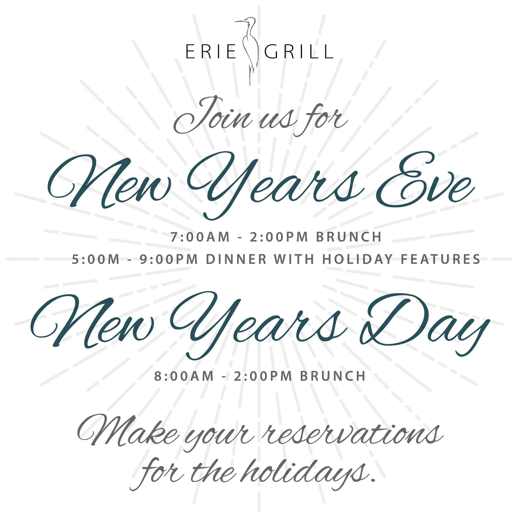 Join us for New Year&rsquo;s Eve &amp; New Year&rsquo;s Day and celebrate with great food and the perfect setting to toast to what&rsquo;s next 🥂
&middot;
&middot;
Book your table today through the link in bio!
&middot;
#eriegrill #eriecanal #roches