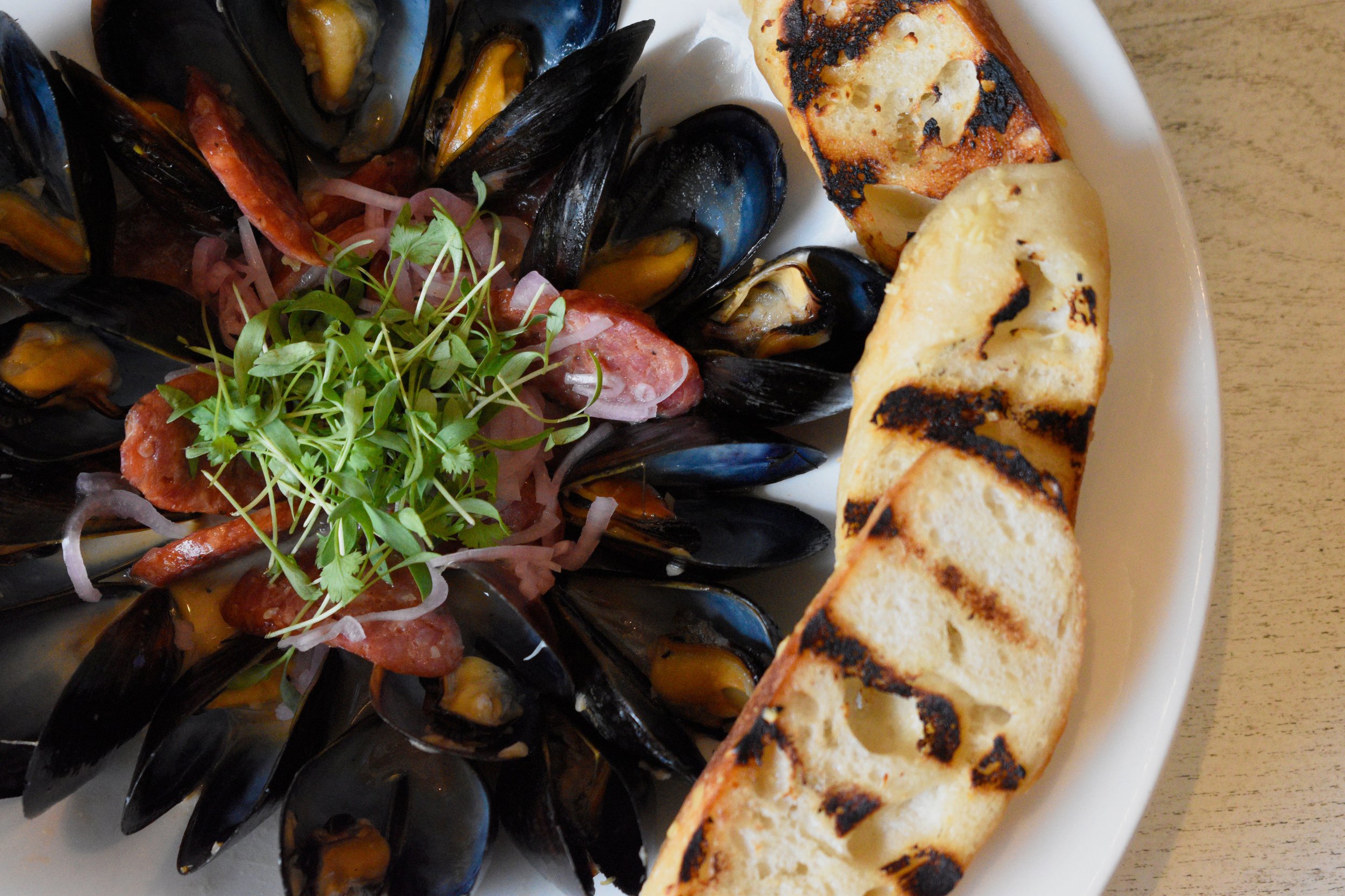 A plate of cooked mussels garnished with greens, accompanied by toasted bread with grill marks.