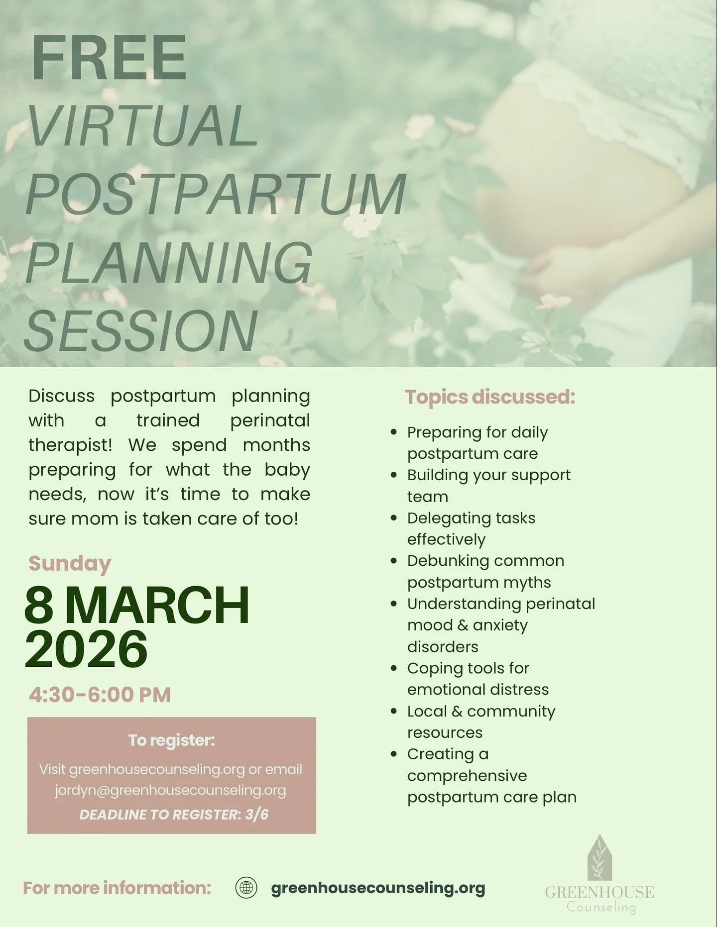 🌸Calling all spring/summer due dates!☀️

Join me for a free, virtual postpartum planning session on March 8th, 2026 from 4:30-6 PM!

We&rsquo;ll discuss all things 4th trimester and make a game plan for those first few weeks after bringing baby home